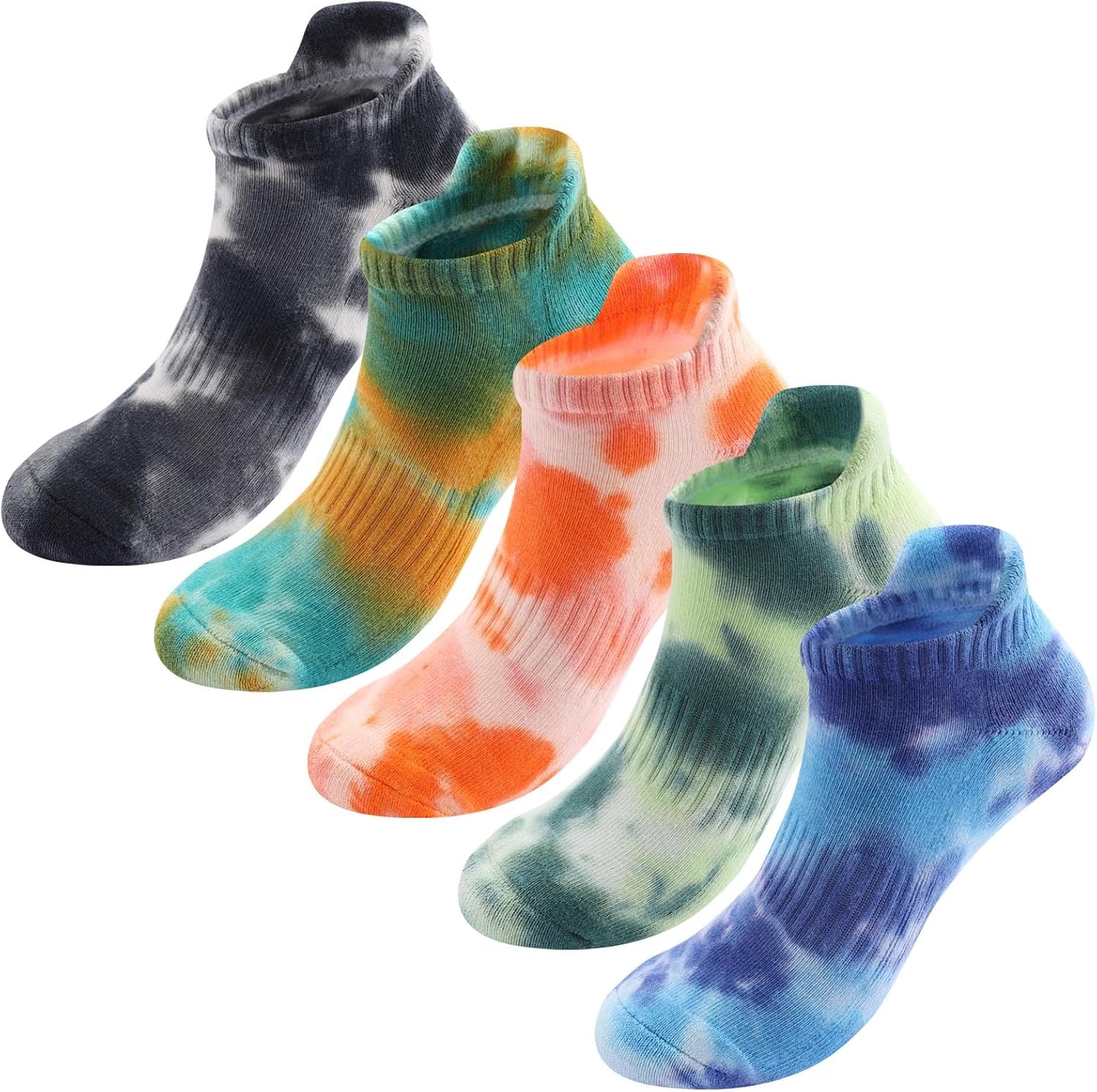 5 Pairs Tie Dye Ankle Socks Giftbox Set for Women Men, Soft Terry Bottom Cushioned Socks with Ear Tab