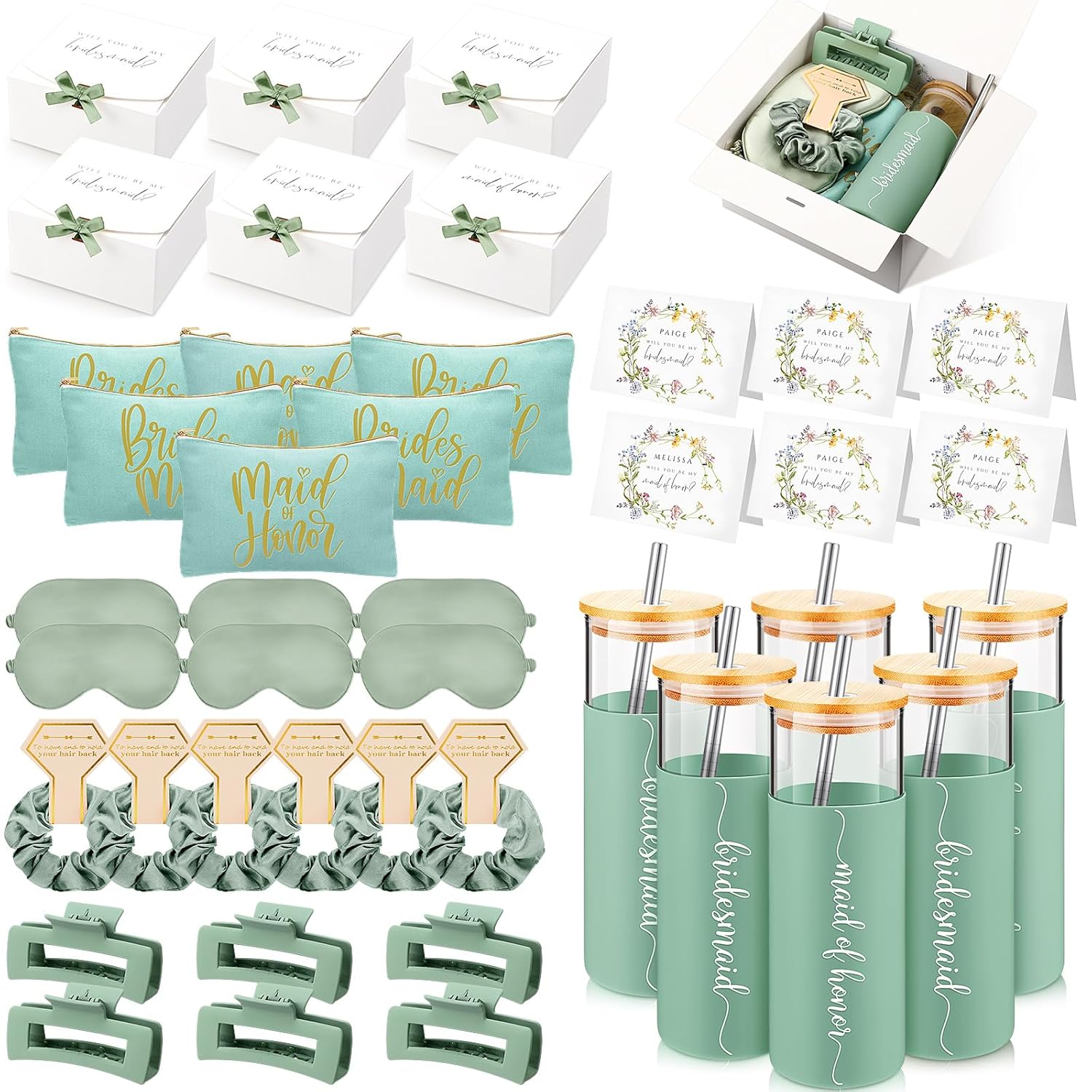 Tioncy 42 Pcs Bridesmaid Proposal Gifts Bridal Shower Wedding Gift Box Makeup Bags Invited Cards Tumblers with Lids and Straw Scrunchies Eye Mask Hair Clips for Maid of Honor(Champagne)
