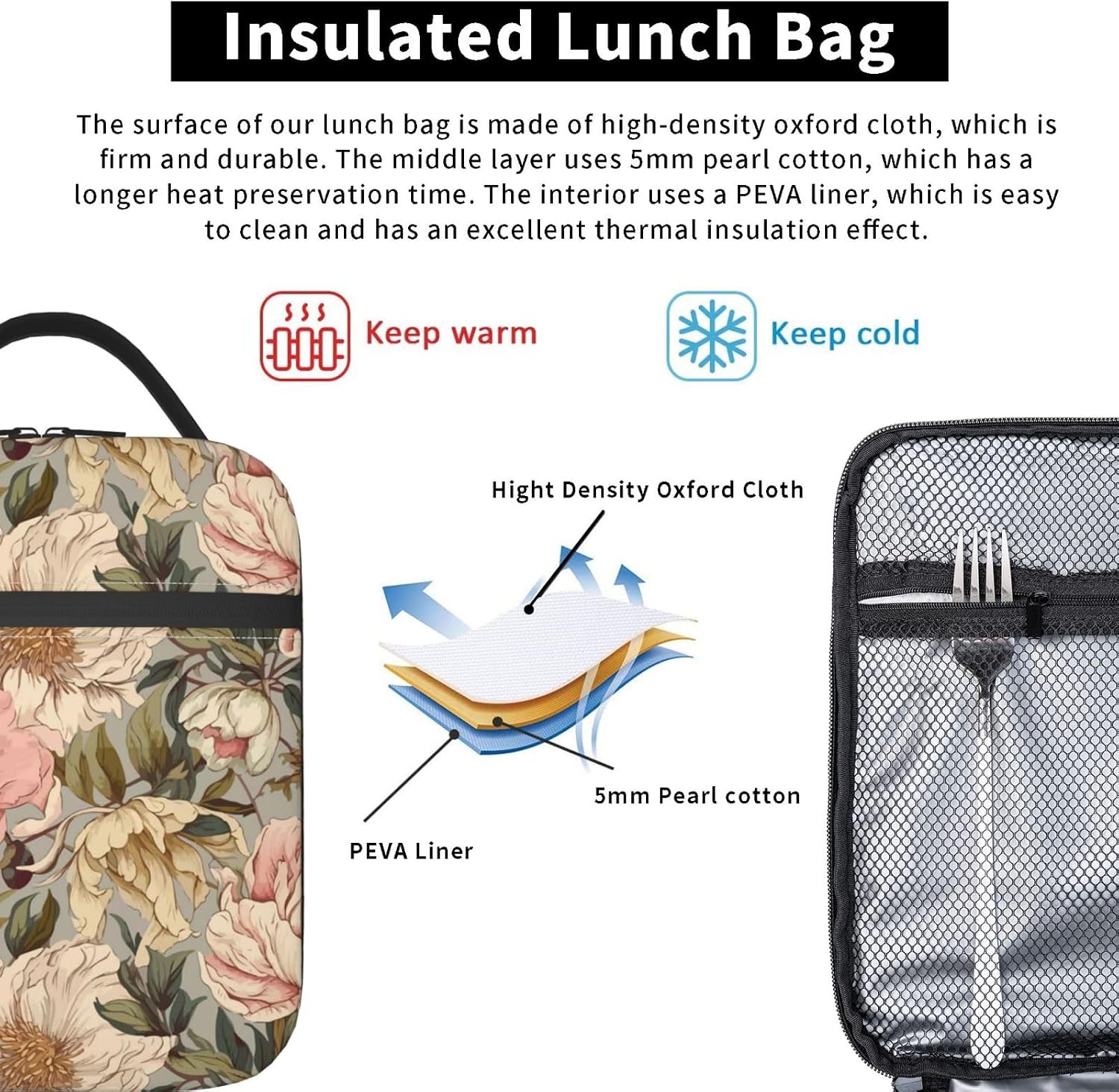 Vintage Floral Insulated Lunch Box for Women Girls Nature Lovers,Polyester Reusable Cooler Lunchbox Gifts,Retro Pink Flower and Leaf Leakproof Lunchbag for Work,Picnic,Travel,Hiking,Fishing