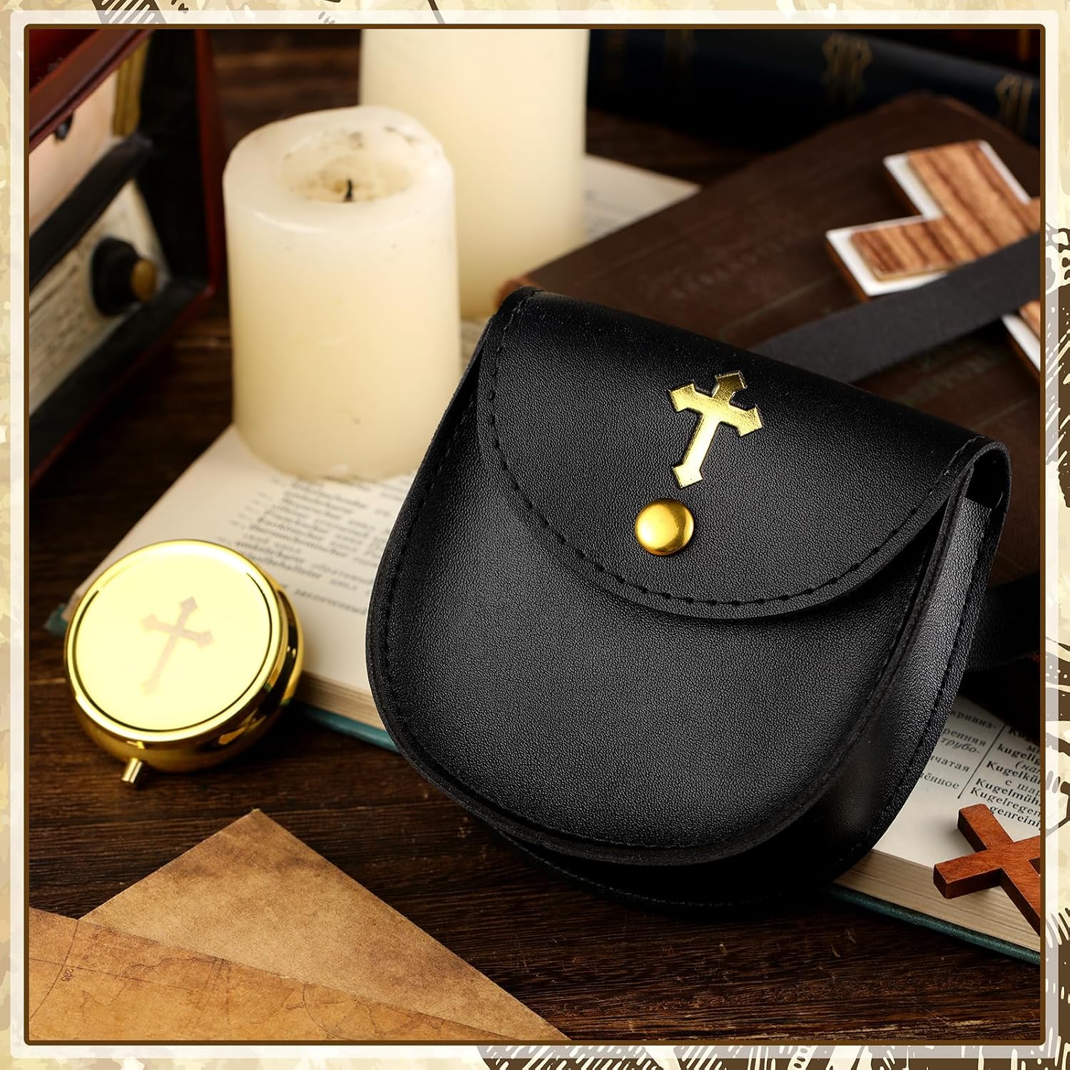 Huhumy 2 Pcs Pyx for Communion Host Catholic Leather Pyx Burse Cross Gold Toned Case Catholic Box for Communion Priests Deacons Eucharist Holy Gift