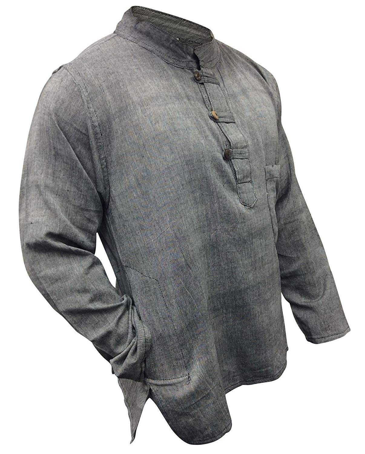 SHOPOHOLIC FASHION Mens Light Weight Hippy Festival Plain Grandad Shirt, (Grey/3XL)
