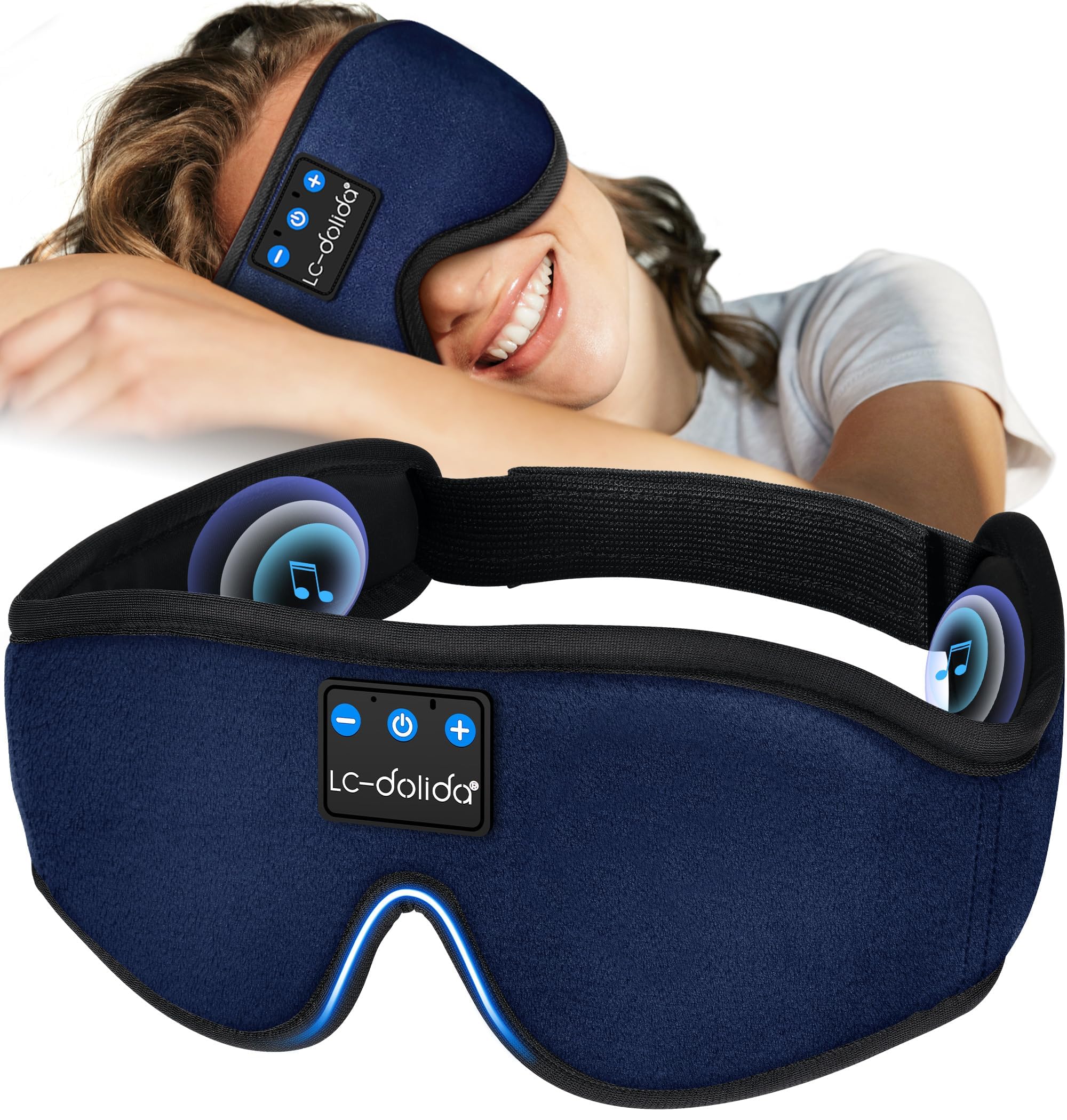 LC-dolida Sleep Headphones, Sleep Mask Bluetooth Wireless Music Eye Mask, Sleeping Headphones for Side Sleepers Sleep Mask with Bluetooth Headphones Ultra-Thin Stereo Speakers Perfect for Sleeping Deep Blue