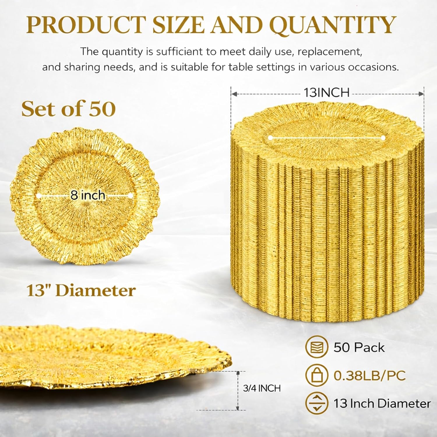 50PCS Bright Gold Reef Charger Plates Bulk Set with Storage Solution, 13 Inch Round Reusable Plastic Dinner Chargers, Decorative Table Chargers for Wedding, Event, Banquet, Party Table Setting