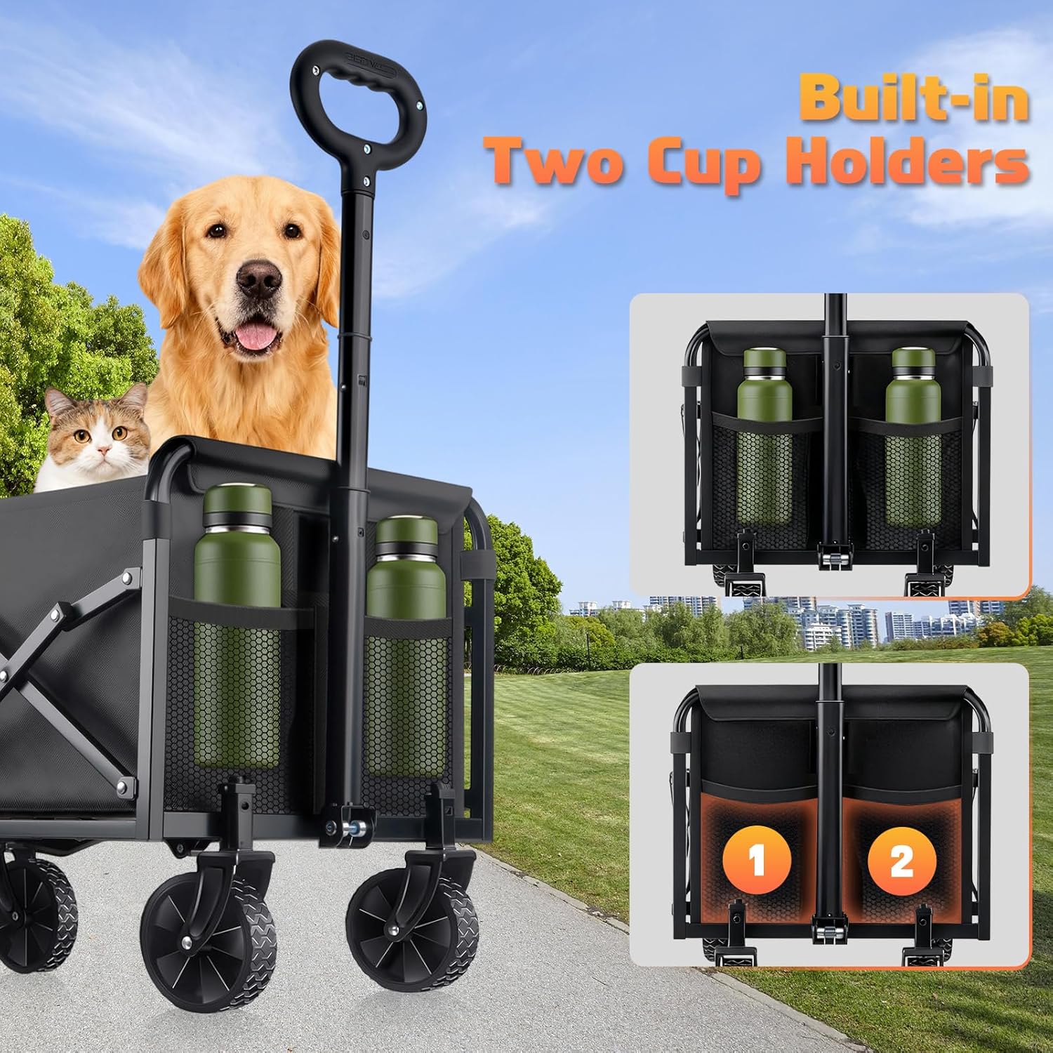 Collapsible Foldable Wagon Cart with Wheels - 360LBS Heavy Duty Folding Wagon Carts, Portable Lightweight Utility Wagon with All-Terrain Wheels & 2 Cup Holders, Grocery/Beach/Sports/Shopping/Black