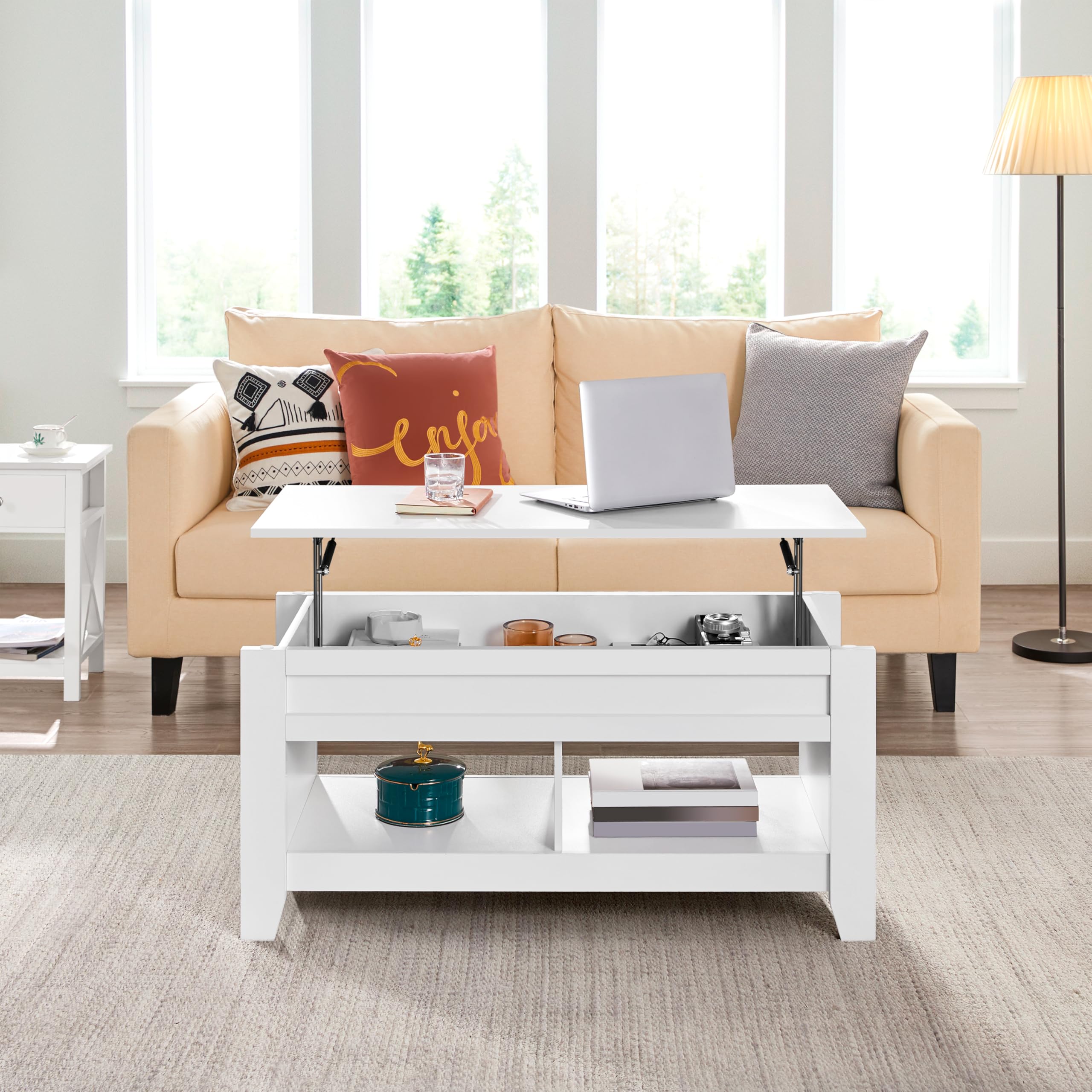 Yaheetech Tavolino da Caffè Sollevabile Tavolo Basso da Soggiorno Tavolino con Ripiano Elevabile da Salotto 104,5 x 49,5 x 49-62 cm Tavolino da Divano Portaoggetti Spazioso Bianco
