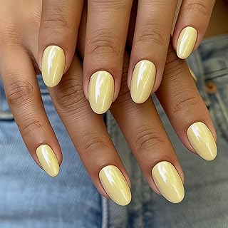 KQueenest Chrome Press On Nails Kurz Rund, Glänzende Hell Gelb Nägel zum Aufkleben, High Shine Gel Fake Nails für Frauen in 16 Größen - 32 Stück Salonqualität Künstliche Nägel Set