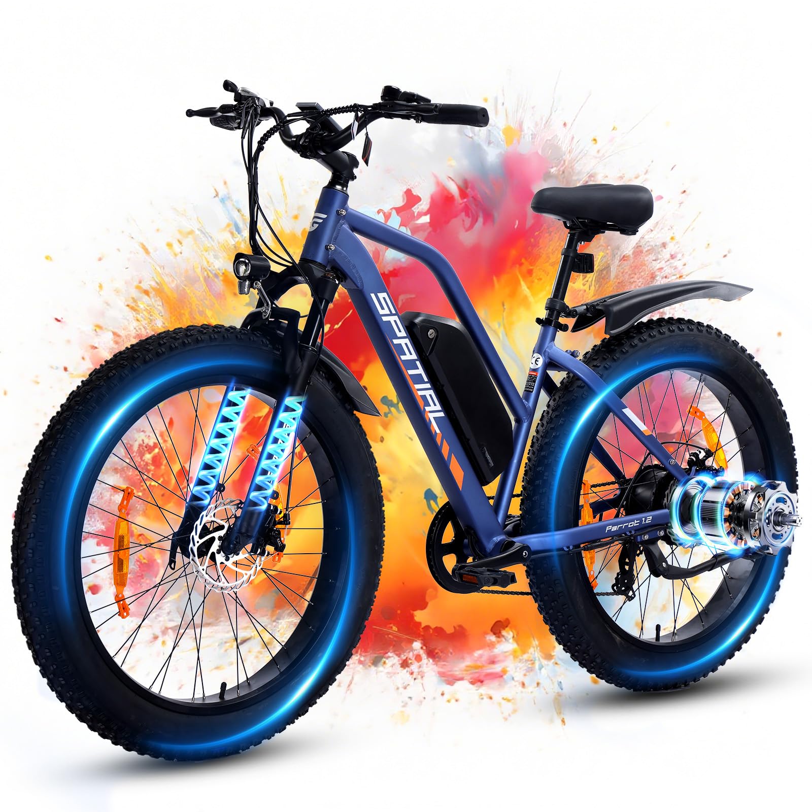 SPATIAL Bicicleta Eléctrica Montaña de 26" con Neumáticos Anchos de 4.0" y Batería de 48 V 13Ah y 624 WH