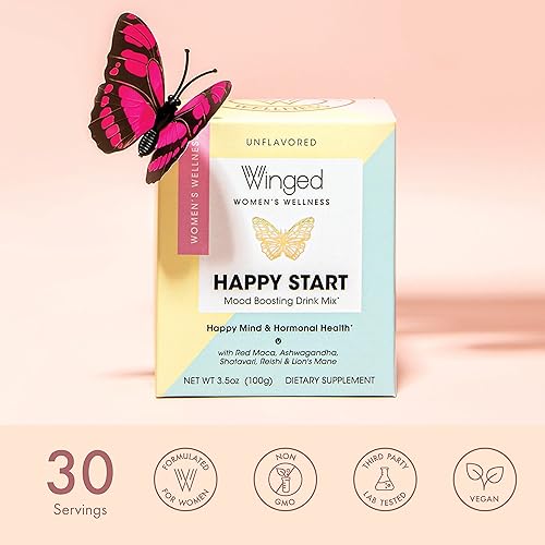 Miniatura 5 de Winged Happy Start  Polvo de impulso del estado de ánimo para mujeres, sin sabor (30 porciones), sin OMG