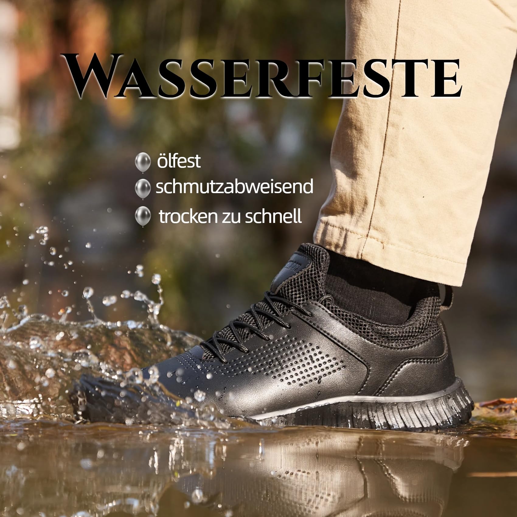 SHULOOK Kochschuhe Herren rutschfeste Schuhe Küche Wasserfeste Schuhe Outdoor Gastro Kellner Leicht Bequeme Sneaker Ohne Stahlkappe Schwarz EU 43
