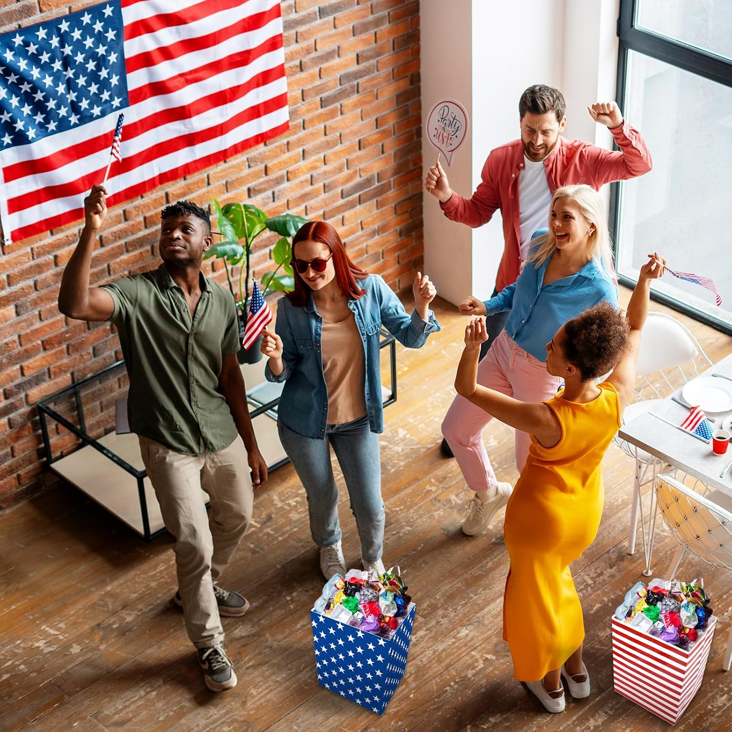 JarThenaAMCS 4Pcs Patriotic Disposable Trash Cans with Trash Bags Paper Garbage Can Red Stripe Blue Star Recycling Bins for 250th Anniversary 4th of July Independence Day Home Kitchen Office