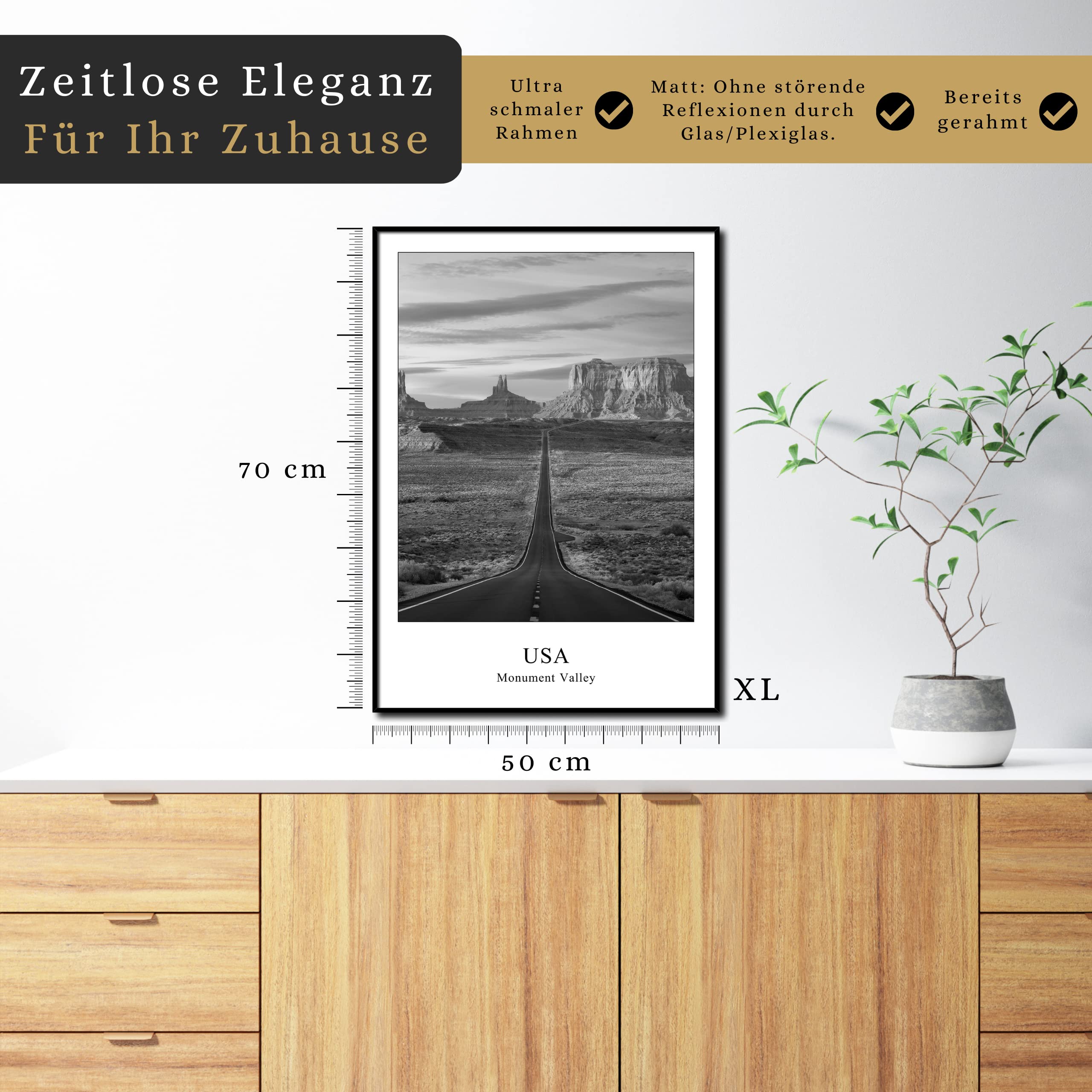 daazoo Wandbild Monument Valley | gerahmtes Bild Rahmenbild | USA Hochebene Utah Arizona Filmkulisse Tafelberg Felstürme Natur | Bild schwarzweiss schwarz weiß mit Rahmen | 50 x 70 cm
