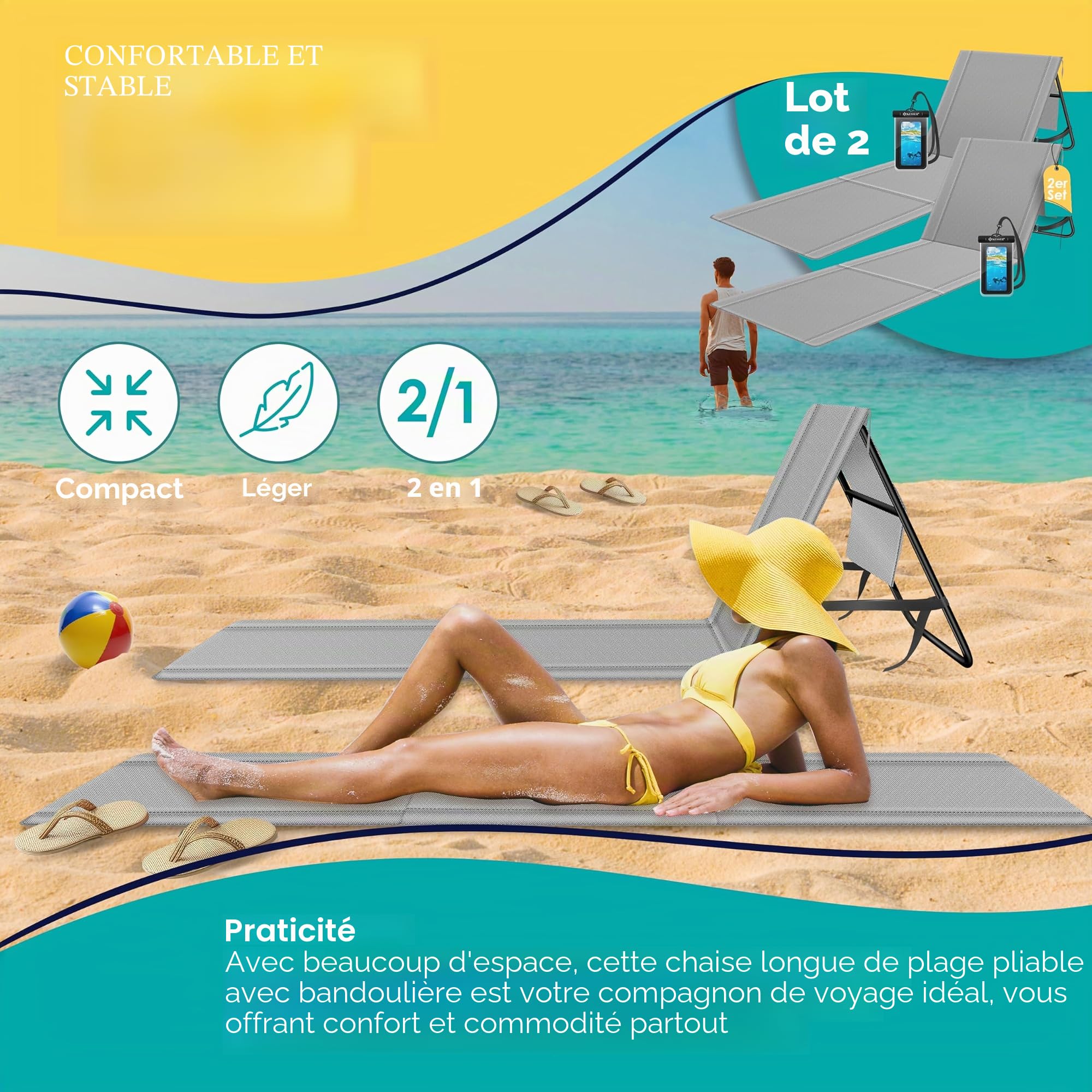 KESSER® Lot de 2 Matelas de Plage Pliables avec Dossier réglable, Sangle de Transport, Sac étanche & Rangement - Chaise Longue Pliable pour la Plage, Le Jardin & la terrasse pouvant Supporter 130 kg
