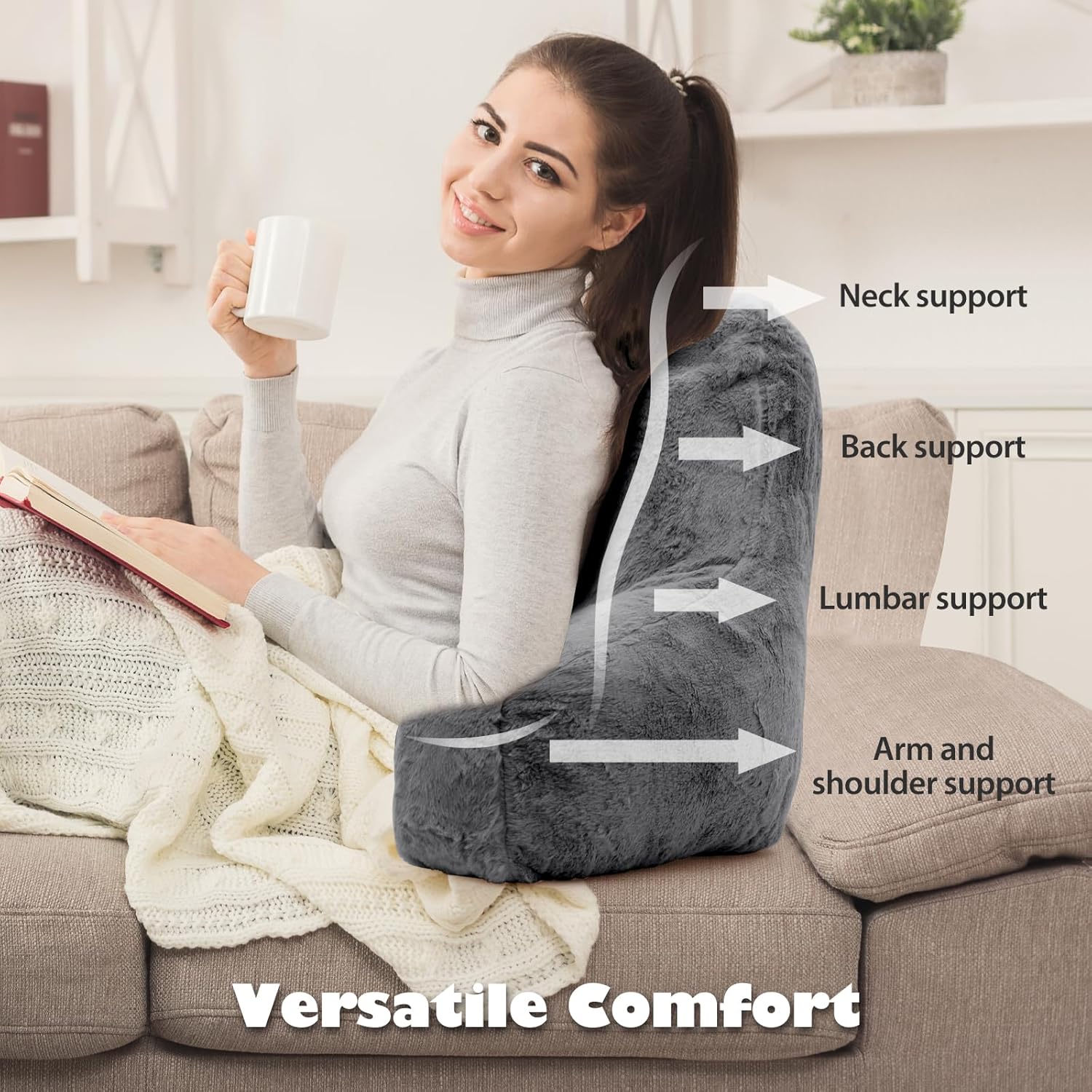 Reading Pillow for Sitting in Bed Adult, Standard Reading Pillow with Memory Foam, Back Pillow for Bed Sitting Up with Extend Arms, Grey