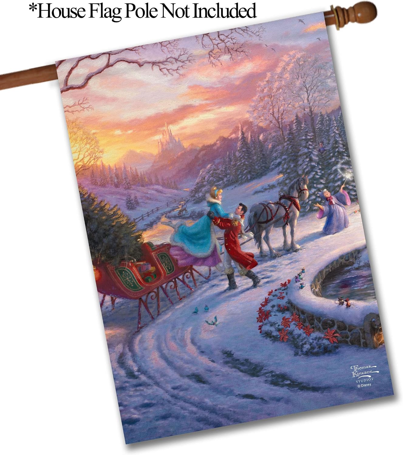 Flagology.com, Thomas Kinkade, Disney, Cinderella Bringing Home the Tree – House Flag 28" x 40", Outdoor Flag, Exclusive Premium Fabric, Licensed Thomas Kinkade Disney, Christmas