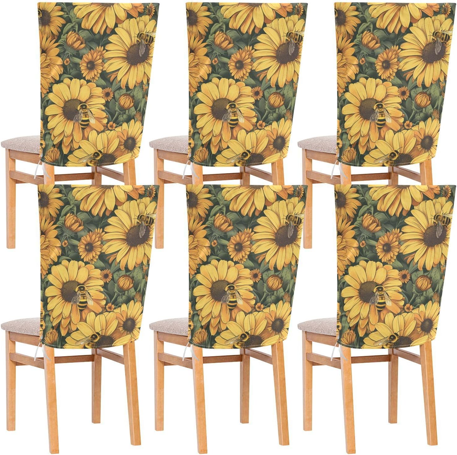 ALAZA Bee Yellow Flowers Chair Back Cover Set of 6, Washable Reusable Removable Chair Slipcovers Decorative Chair Cover for Home Kitchen Wedding Party