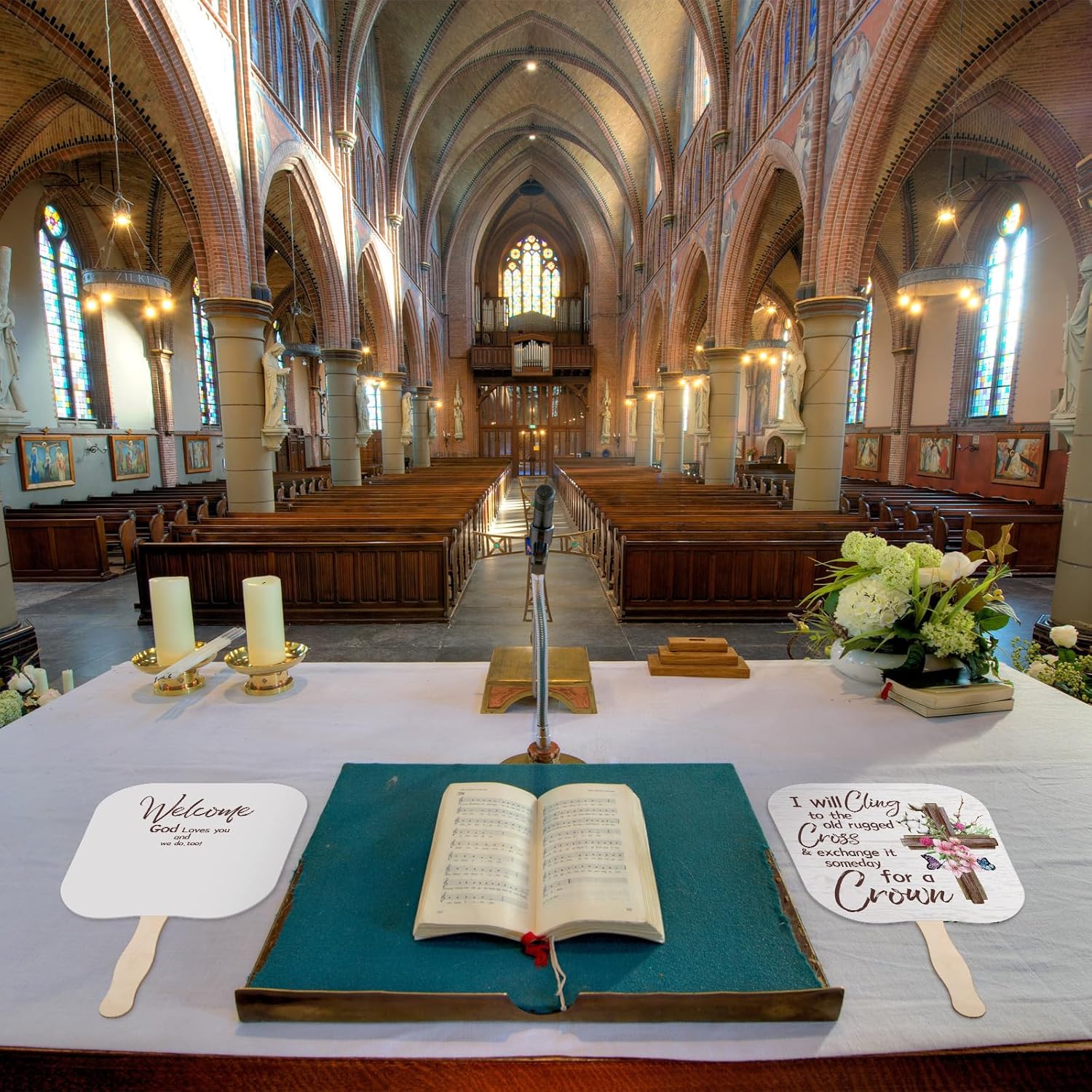 Tradder 100 Pcs Christian Church Fans Wedding Hand Fans Religious Handheld Fan Bulk Religious Gifts Parlor Fans Thick Paper Fans with Wooden Handle for Wedding Ceremony(Classic Style)