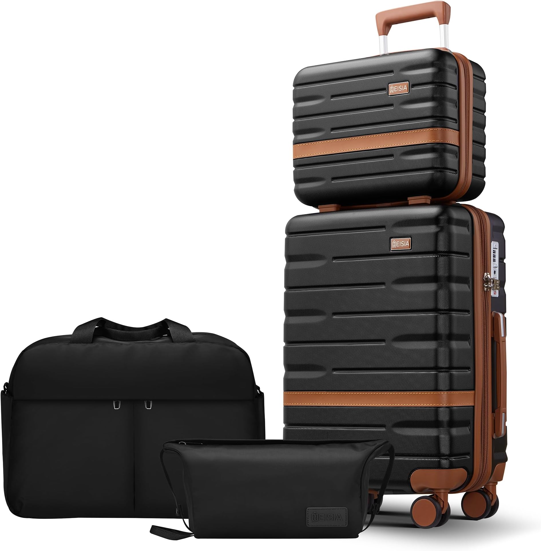 NEISIA Luggage Sets with TSA Lock Hardside PC+ABS Carry On expandable Suitcase with Spinner Wheels Lightweight Rolling Travel Luggage Sets with YKK Zippers(Black, 4 Piece Sets(14/20/DB/TB))