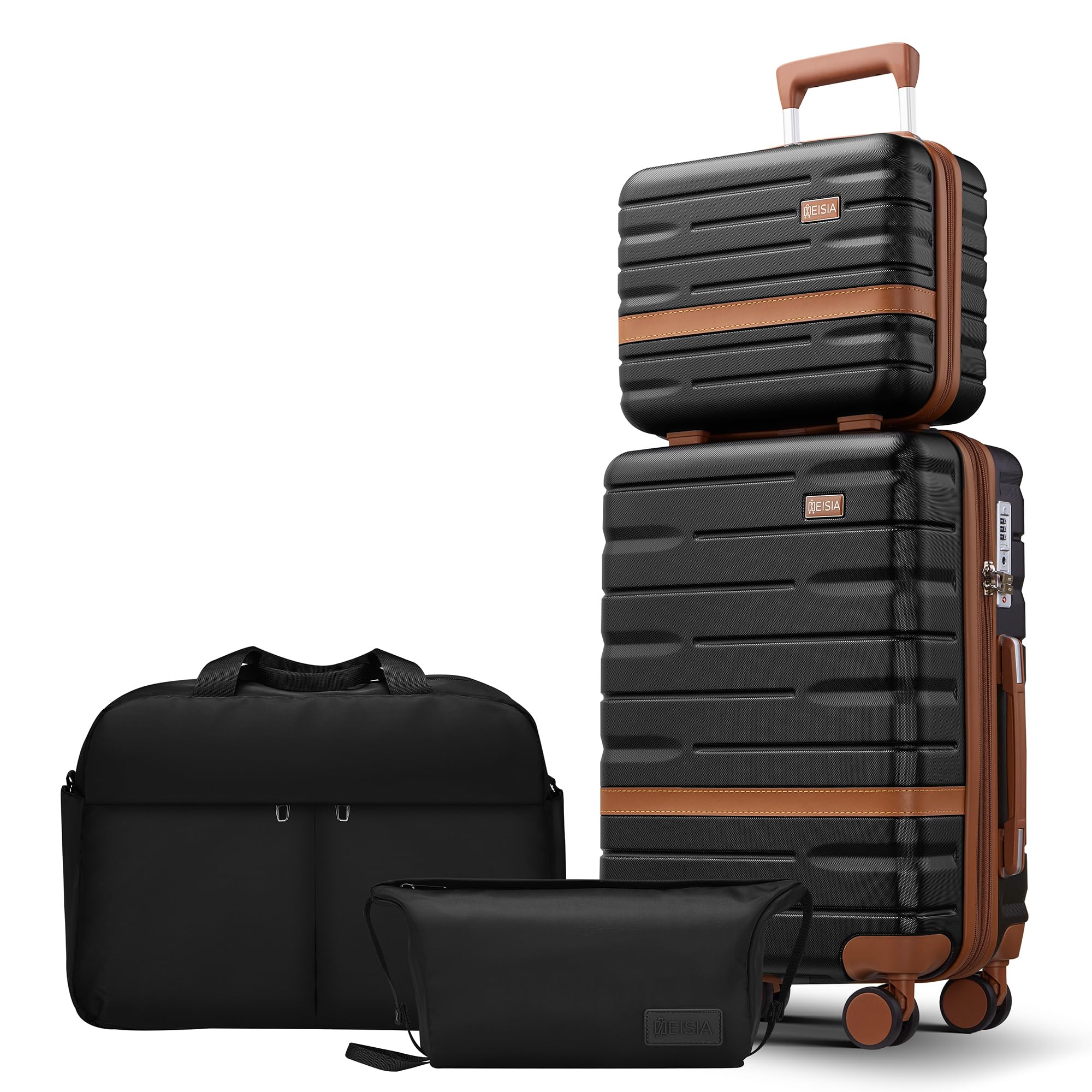 NEISIA Luggage Sets with TSA Lock Hardside PC+ABS Carry On expandable Suitcase with Spinner Wheels Lightweight Rolling Travel Luggage Sets with YKK (Black, 4 piece sets（14/20/DB/TB）)