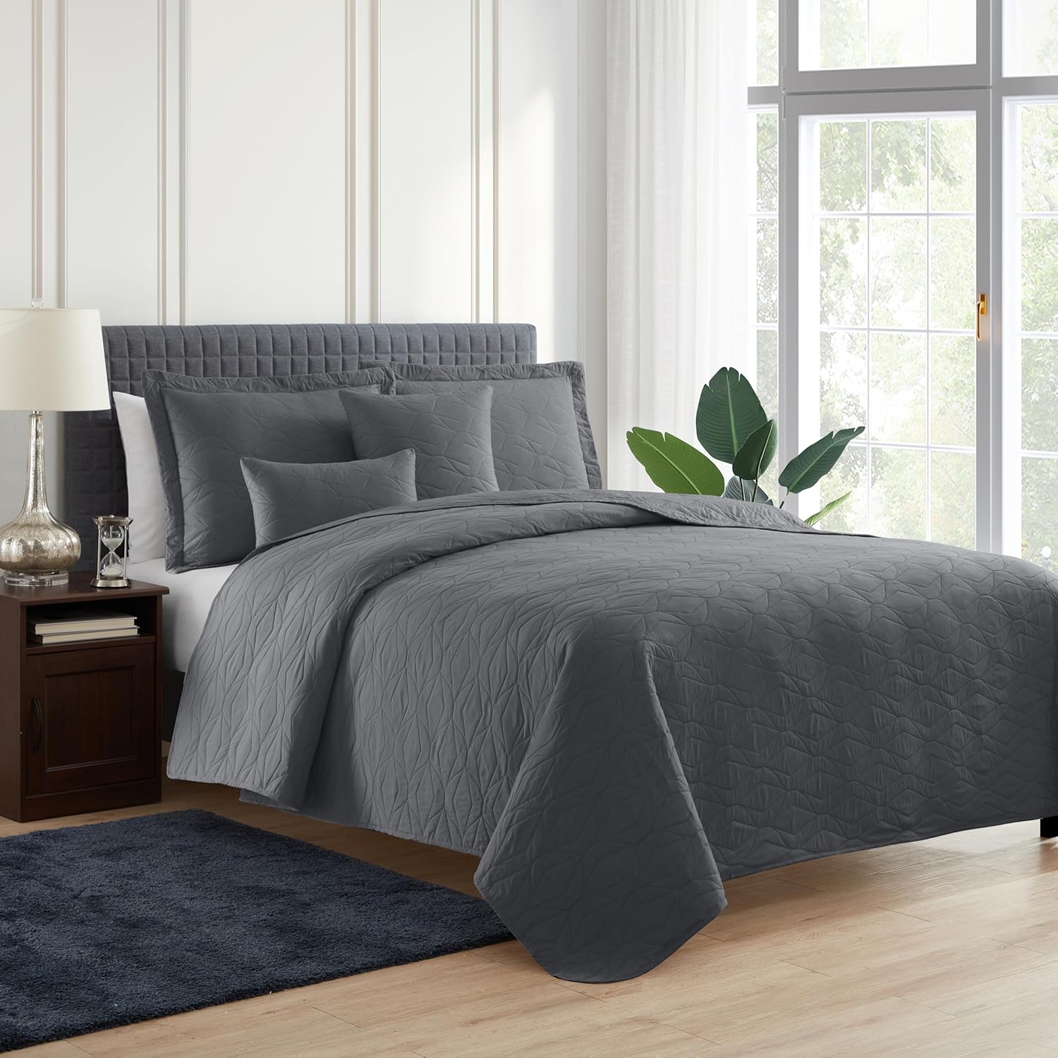 Hearth & Harbor Quilts Queen Size - All Season Bedspread Coverlet Set, Pinsonic Weave Lightweight Bedding Set - 5 Piece Queen Quilt Set with Pillow Shams, Ellipse - Gray