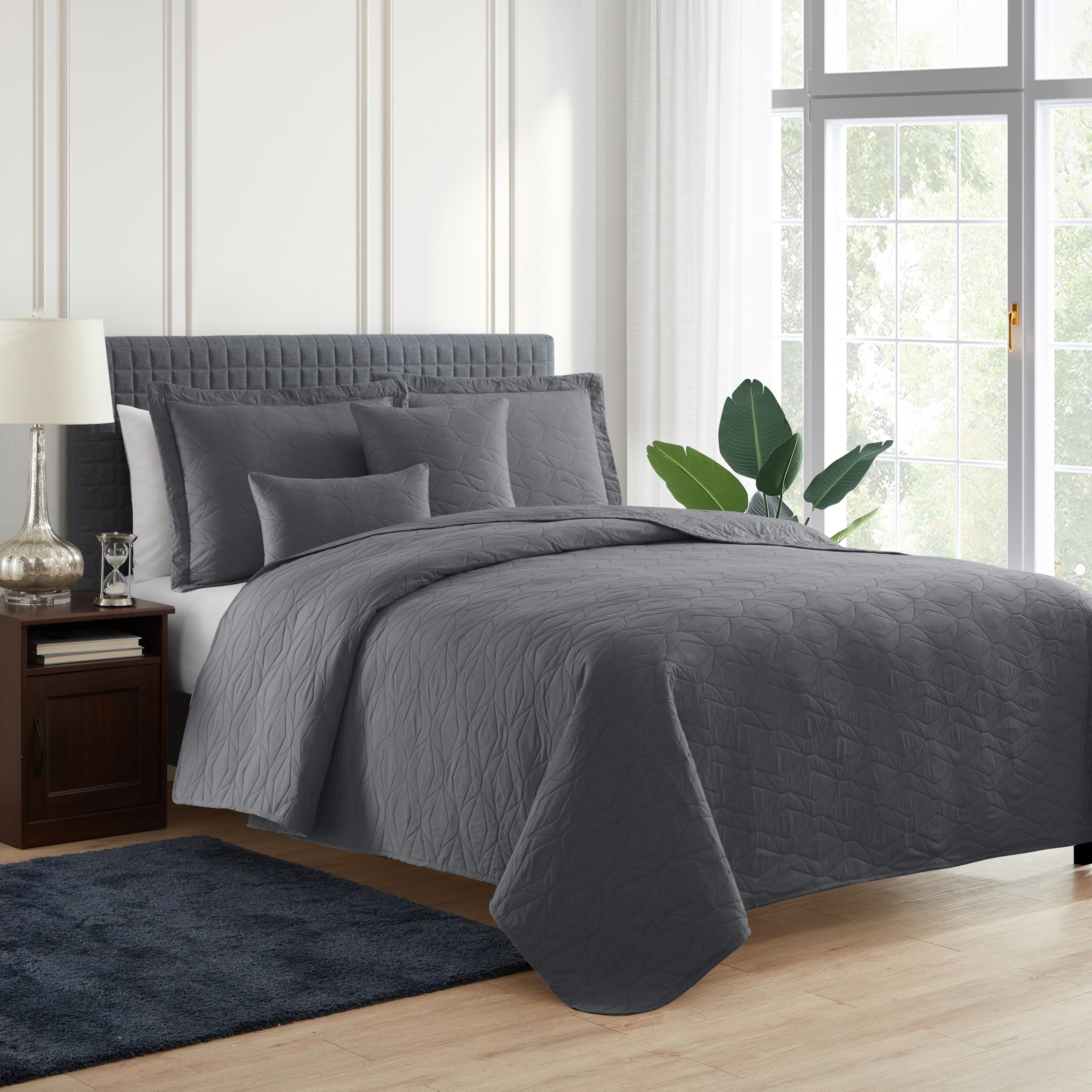 Hearth & Harbor Quilts King Size - All Season Bedspread Coverlet Set, Pinsonic Weave Lightweight Bedding Set - 5 Piece King Quilt Set with Pillow Shams, Ellipse - Gray