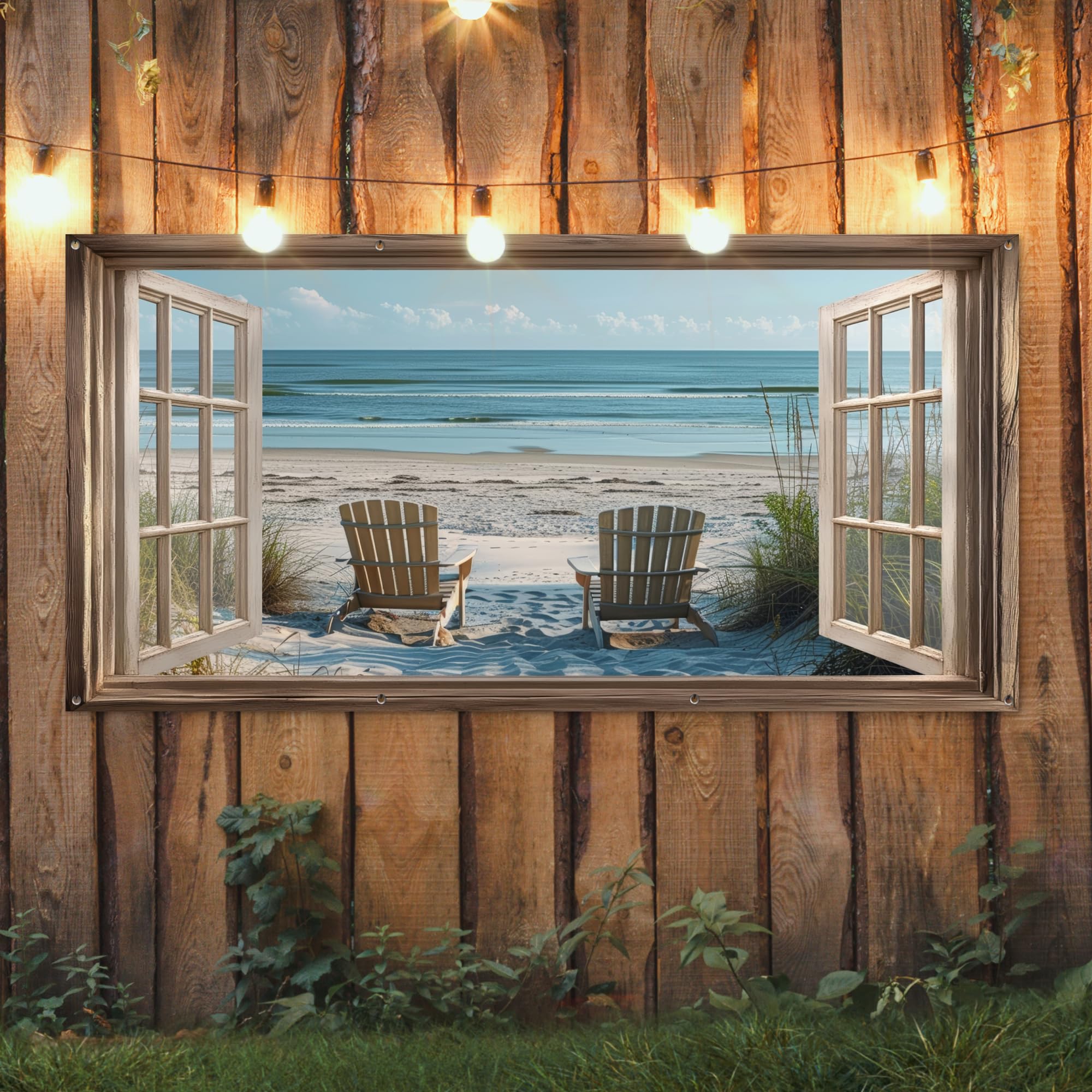 MuchoWow© Póster De Jardín 200x100 cm Terraza Exterior Accesorios Jardin Decoracion Pared Decorativa Balcon Wall Decoration Posters Decorativos Transparente - Sillas Playa - Dunas - Mar