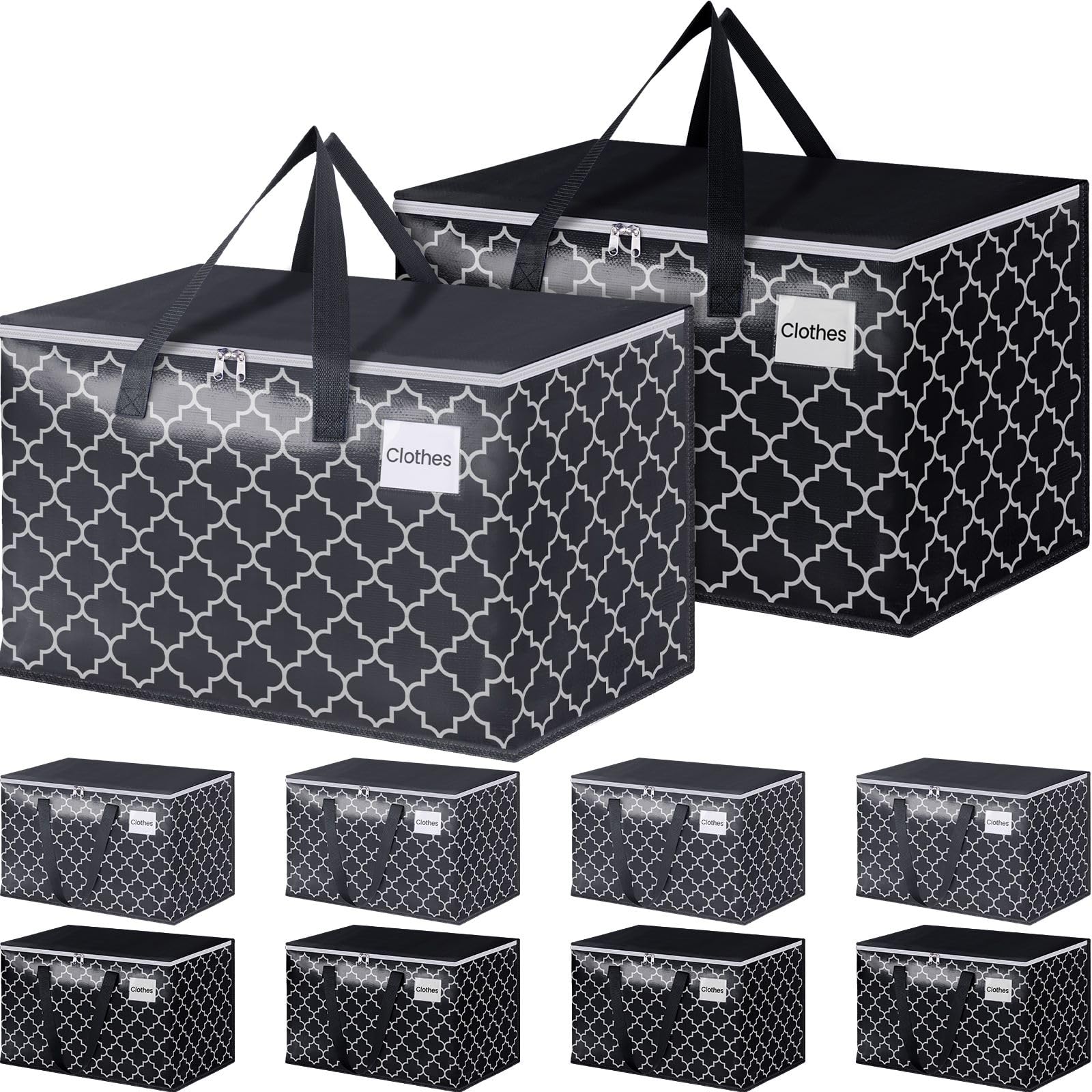 EpicTotes Extra Large Moving Bags, Heavy-Duty Storage Totes with Zipper Top and Sturdy Handles, Moving Supplies for Space Saving and Packing, Collapsible Storage Bags, Black & Gray, 125L, 10-Pack