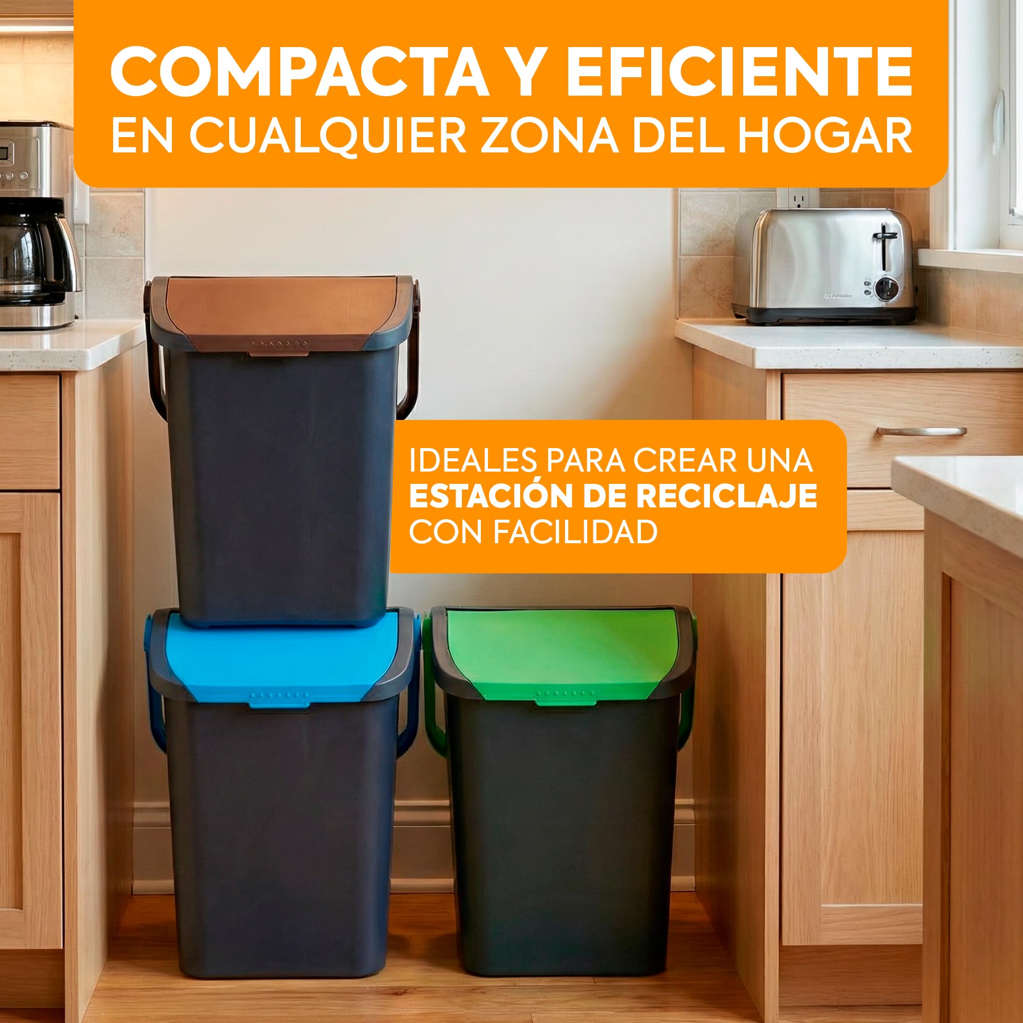 Pack 3 Cubos Basura 35 Litros Multicolor | Tapa Apilable Cocina