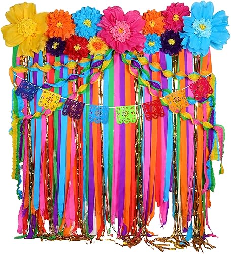 TaoBary 28 piezas de papel mexicano flores mexicanas decoraciones de fiesta mexicana serpentinas con volantes, cortina de papel de papel picado,