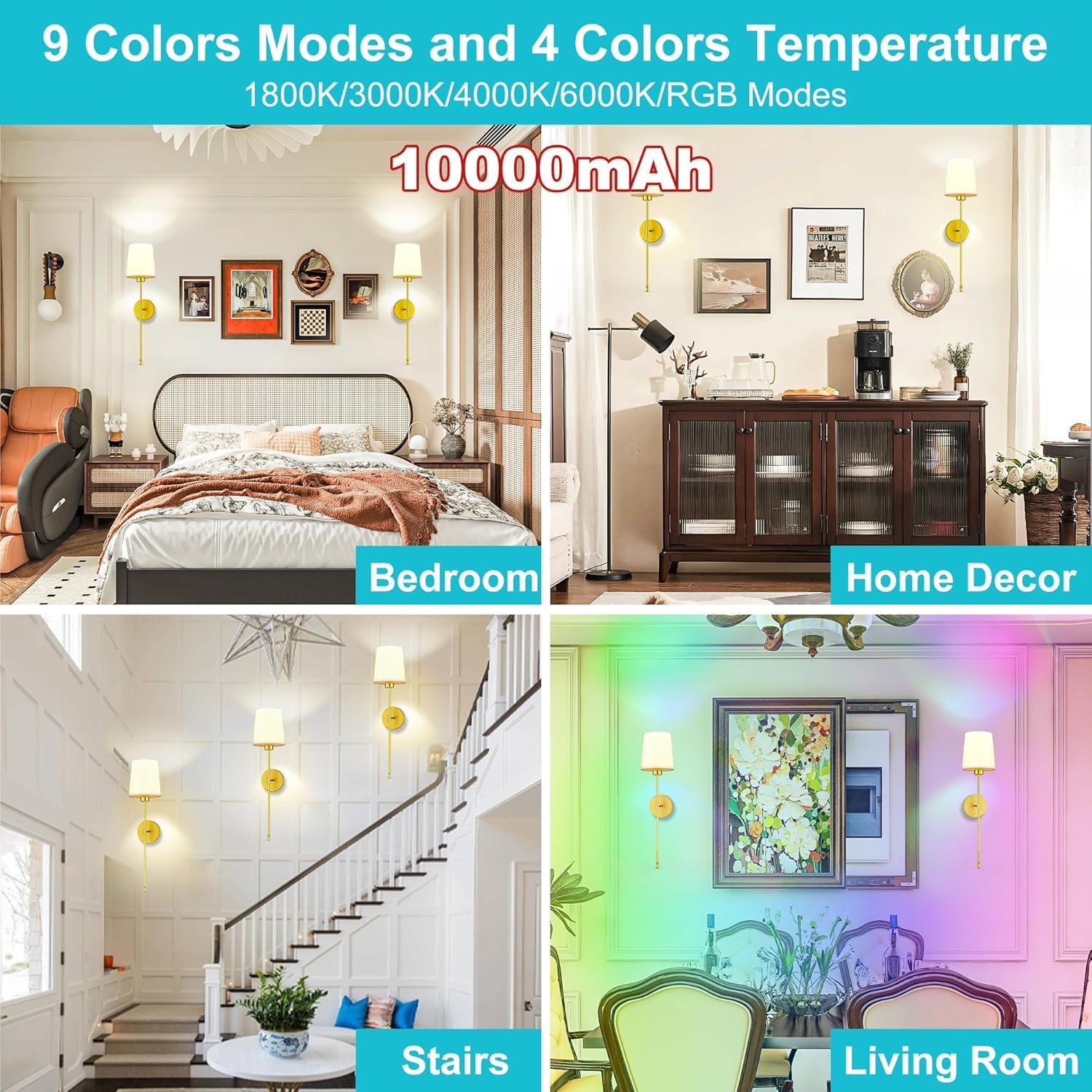 10000mAh Battery Operated Wall Sconces Set of Two, Wireless Sconces Set of 2 Wall Light with RGB Rechargeable Magnetic Bulb, Sconces Wall Decor Set of 2 for Living Room Bedroom, Gold