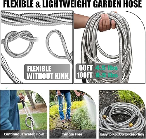 Miniatura 4 de NEOAURR - Manguera de jardín de metal de 100 pies, manguera de agua resistente de acero inoxidable con boquilla de 10 funciones, ligera, sin