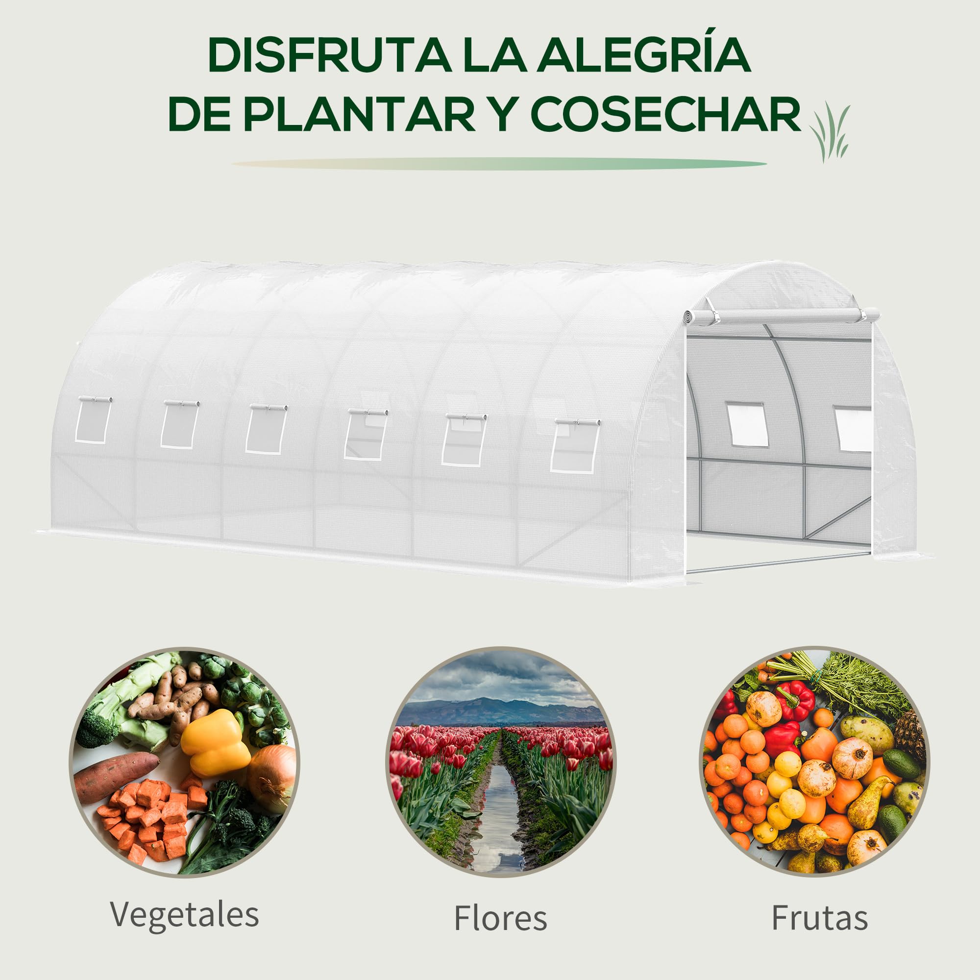 Outsunny Serra tunnel con porta arrotolabile 6x3x2 m Bianca | Con porta arrotolabile, 12 finestre, copertura PE 140 g/m², metallo zincato, per colture, piante, verdure
