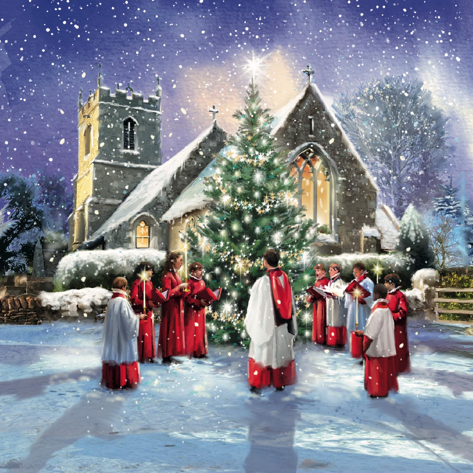 Traditional Religious Art Charity Christmas Cards - Premium Board - Eco-Friendly - Pack of 6 Cards with Envelopes (Carol Service on Xmas Eve)