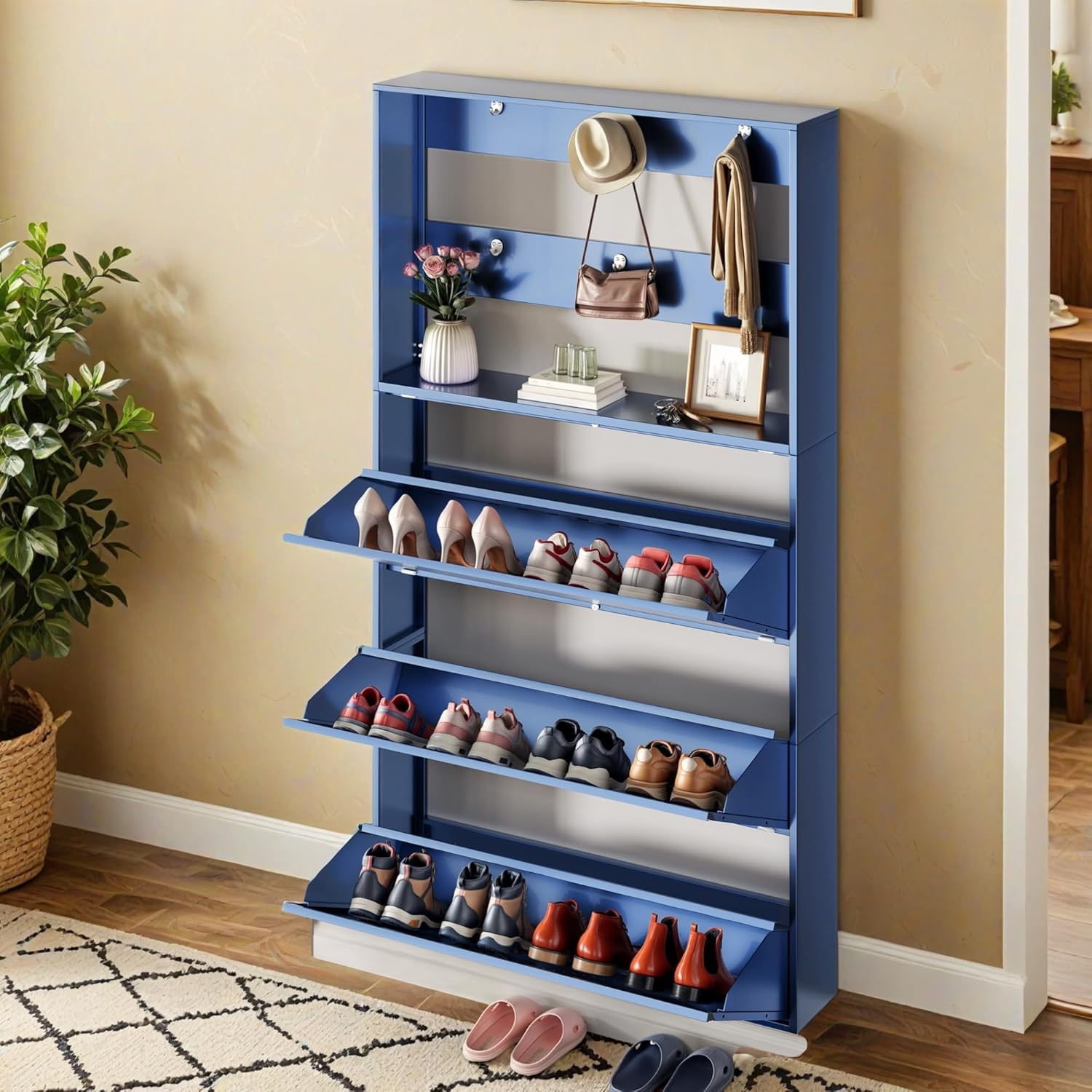 DWVO Metal Shoe Cabinet with Coat Rack Set of 2, Wall Mounted Shoe Cabinet with 3 Flip Drawers, Entrance Hidden Slim Shoe Organizer Cabinet, Shoe Rack Storage Cabinet for Entryways, Hallways, Blue