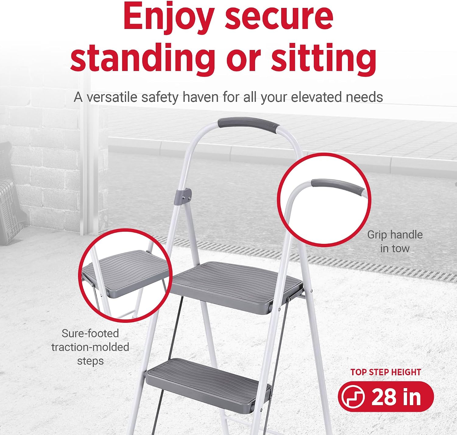 Rubbermaid 3 Step Folding Ladder, Steel Foldable Step Stool with Hand Grip, White