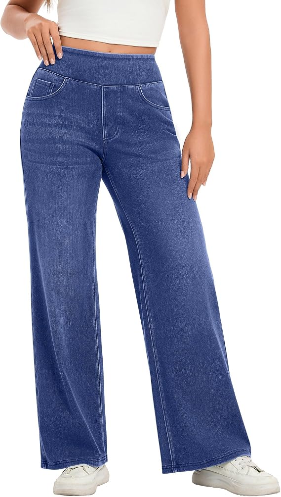 Hatant Womens Pull On Wide Leg Jeans High Waisted Stretch Denim Pants with Pockets Elastic Waist Casual Jeans