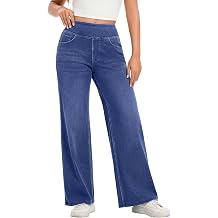 Hatant Womens Pull On Wide Leg Jeans High Waisted Stretch Denim Pants with Pockets Elastic Waist Casual Jeans