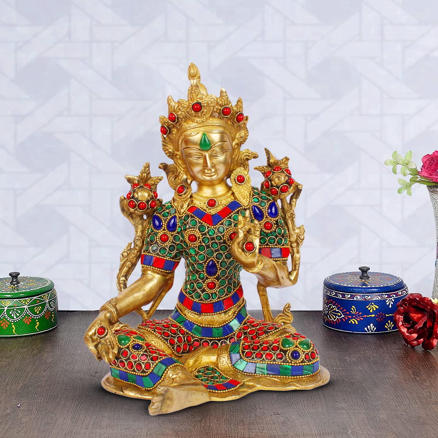 Kartique Brass Goddess Tara Statue for Health Happiness Wealth at Home and Office Multi Color Stone Chips Height 9.5 Inch