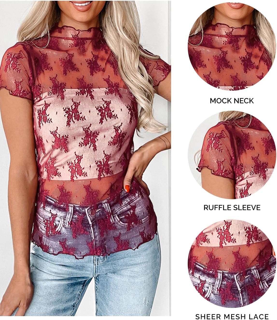 Womens Floral Sheer Mesh Lace Tops Mock Neck Short Sleeve Shirt Sexy See Through Top Y2k Blouses - Image 5