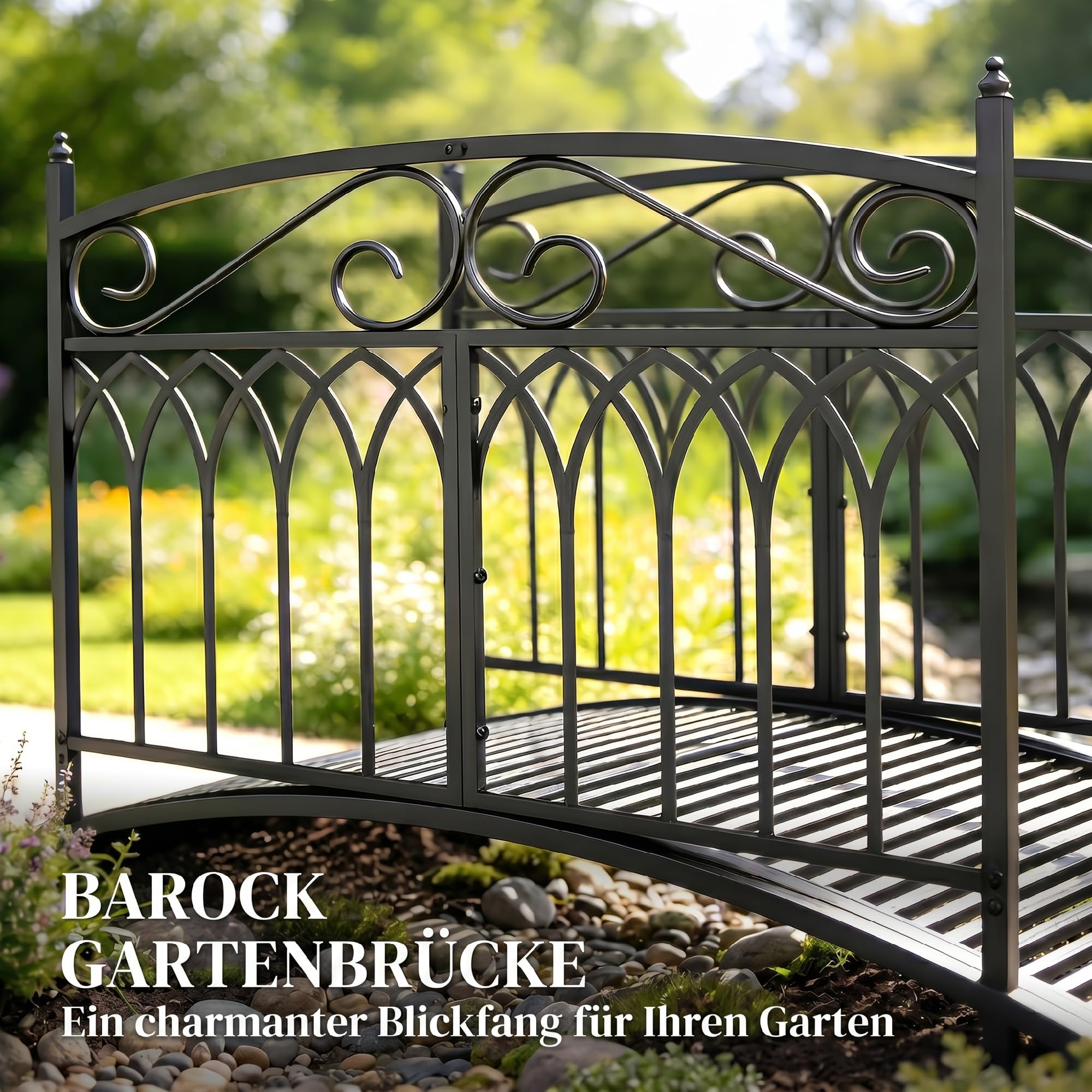 Outsunny Gartenbrücke aus Metall 135,5 cm Teichbrücke mit Sicherheitsgeländern Antik-Optik Rostbeständig Stabil Metallbrücke dekorative Zierbrücke Brücke für Bach Teich einfache Montage