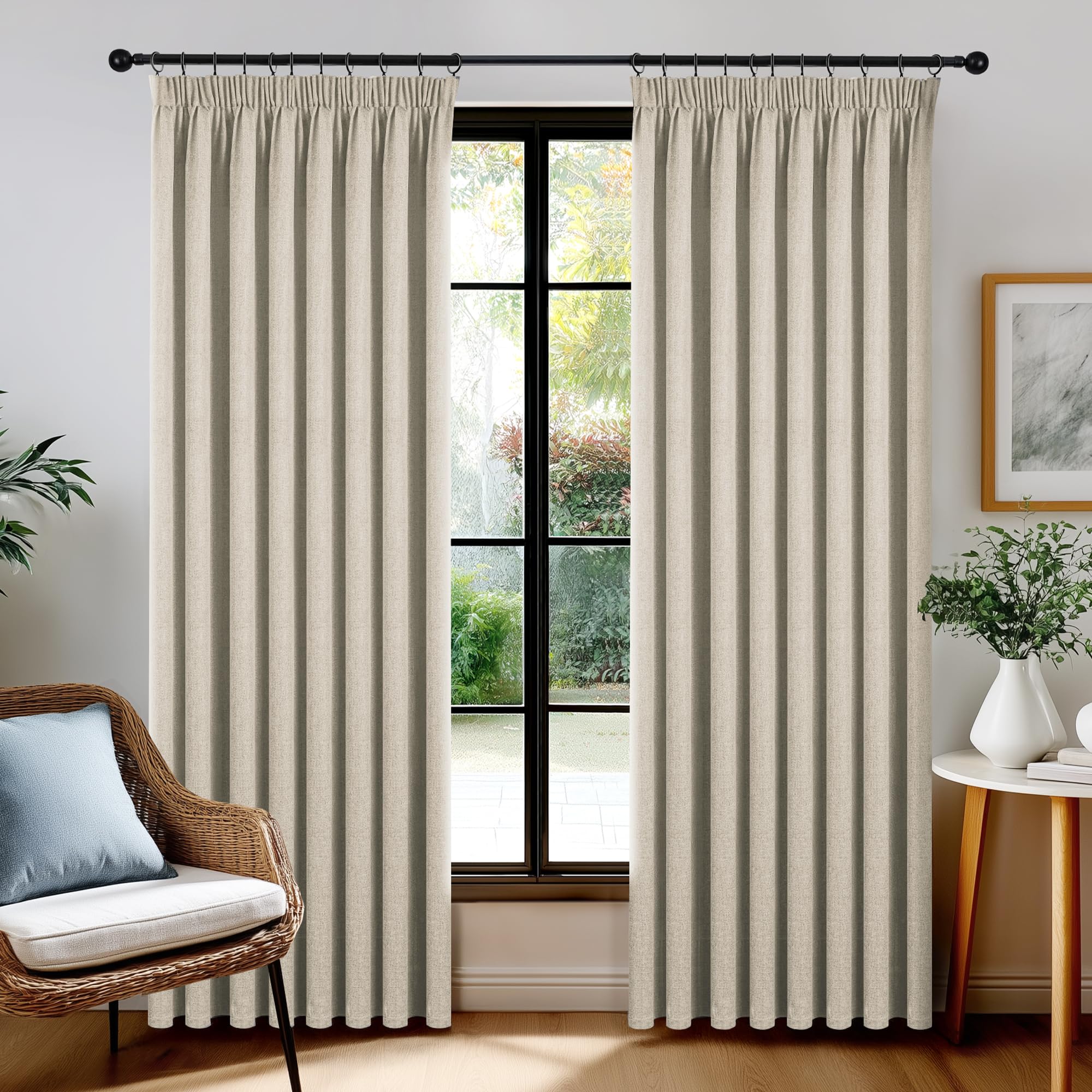 Deconovo Leinen Verdunklungsvorhang mit Kräuselband, 100% Blickdicht, Thermo & Schallschutz, Leinenoptik Blackout Gardine für Wohnzimmer, H245 x B140 cm, Leinen, 2er Set
