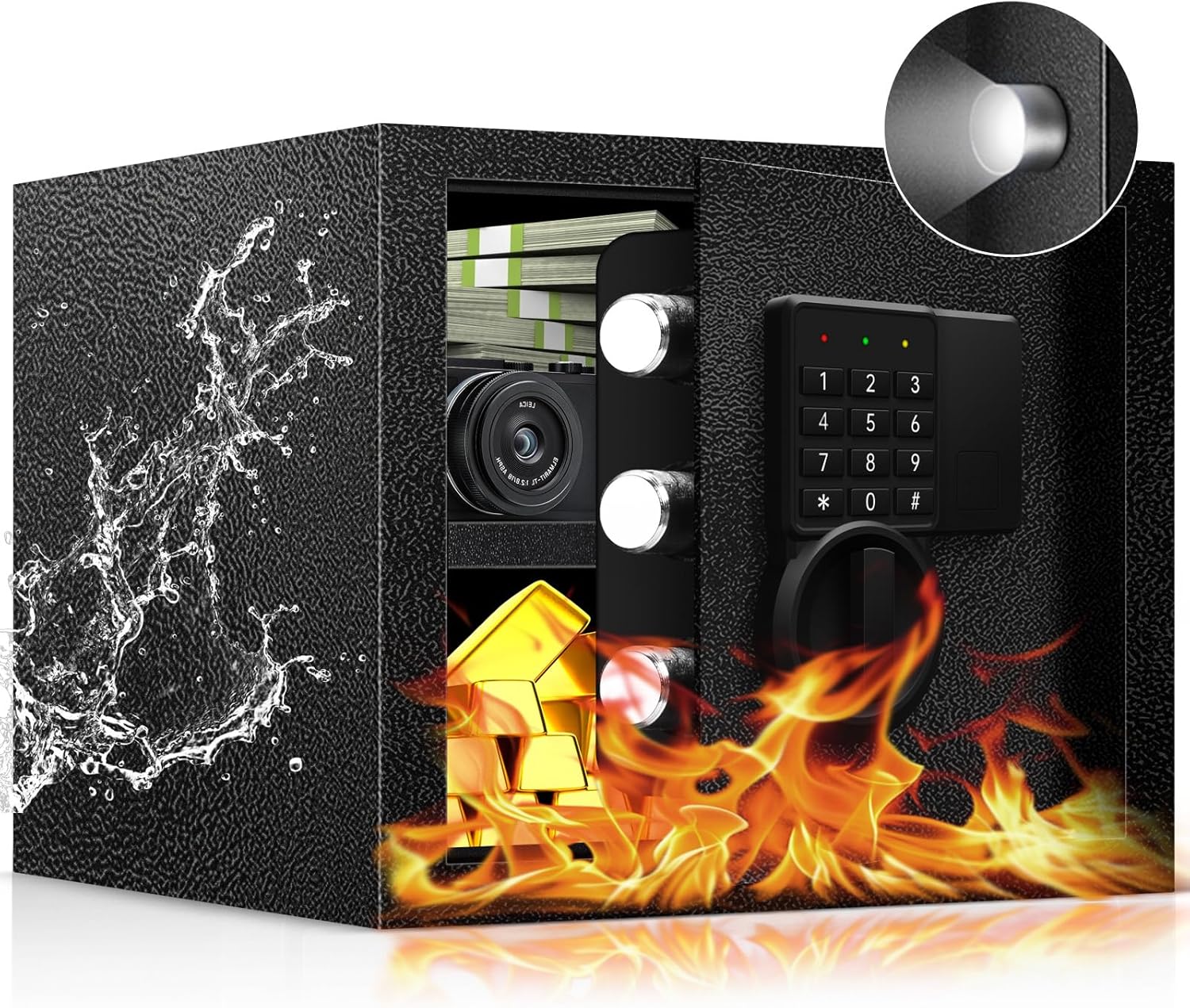 1.3 Cub Small Safe Box, Home Safe with Fireproof Waterproof Bag & Keys, Lock Box with LED Sensor Light, for Money Jewelry Documents, Removable Shelf, Mute Function