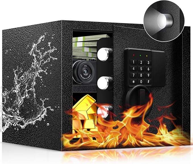 1.3 Cub Small Safe Box, Home Safe with Fireproof Waterproof Bag & Keys, Lock Box with LED Sensor Light, for Money Jewelry Documents, Removable Shelf, Mute Function