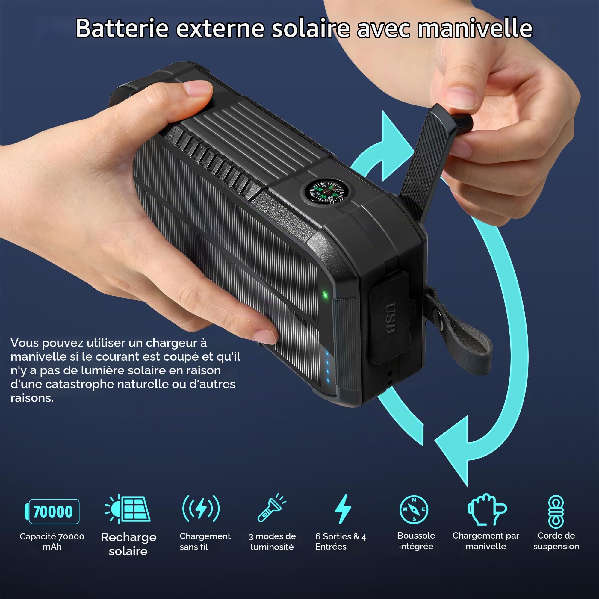 Batterie Externe Solaire 70000mAh: PD 30W USB C Power Bank Charge Rapide avec Manivelle & 2 Câble, 7 Sorties et 4 Entrées, 15W Chargement sans Fil, Lampe de Poche, Chargeur Solaire pour Téléphone