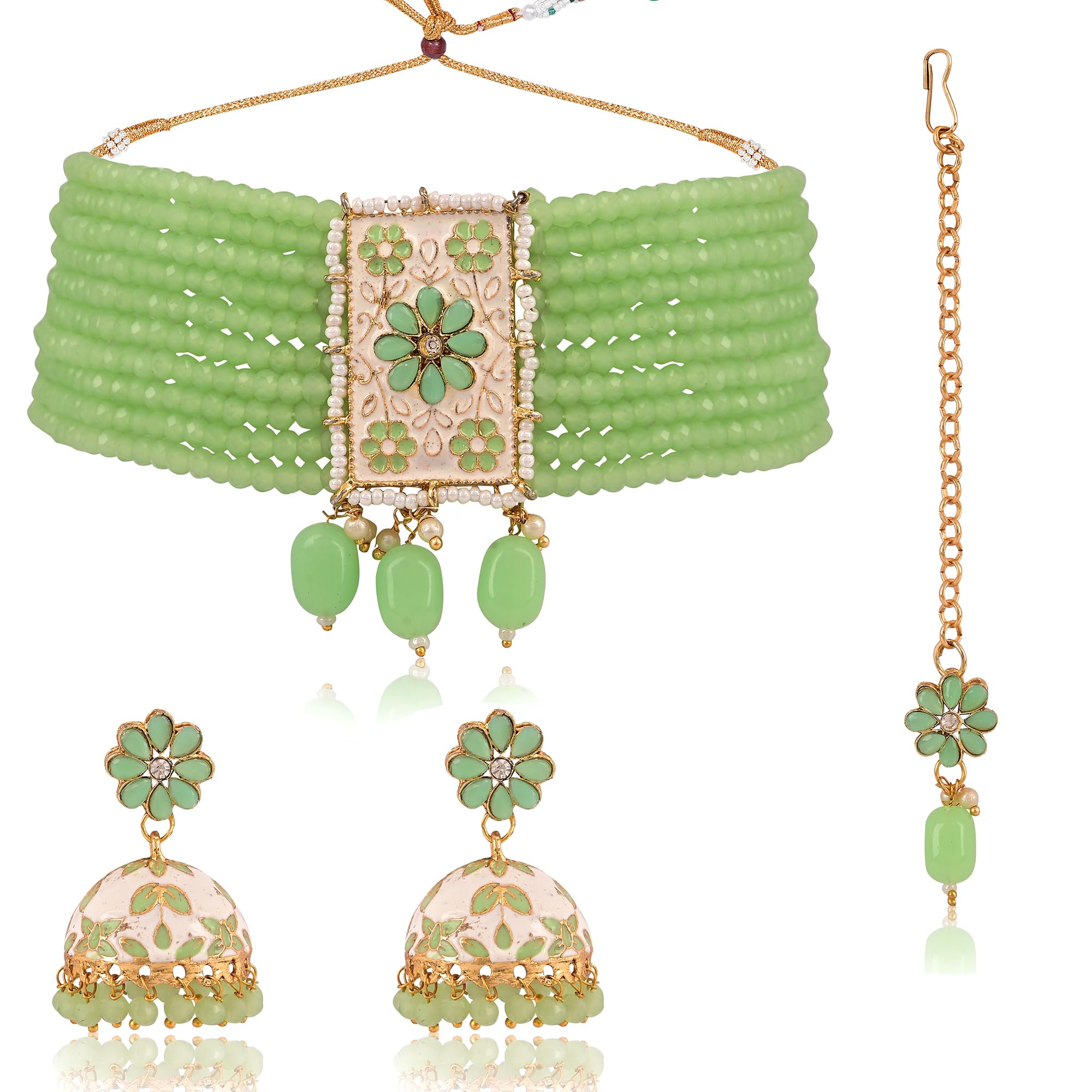 IIJ Beautiful Pearl Choker Necklace Set with Earrings and Maang Tikka Perfect for Women and Girls | Ideal for Wedding and Special Occasions (Light Green) (B0CBVMBF2Z) Amazon Price History, Amazon Price Tracker