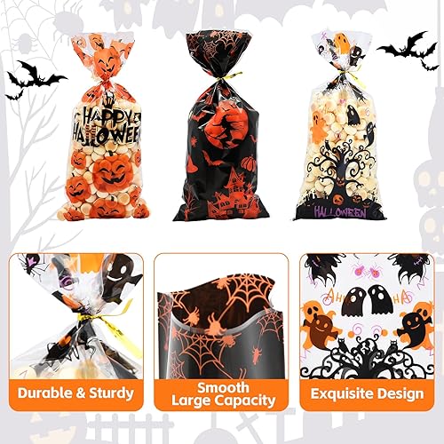 Miniatura 3 de 150 unidades de 3 diseños de bolsas de dulces de Halloween, bolsas de golosinas con lazos giratorios, brujas de calabaza, felices, celofán, bolsas