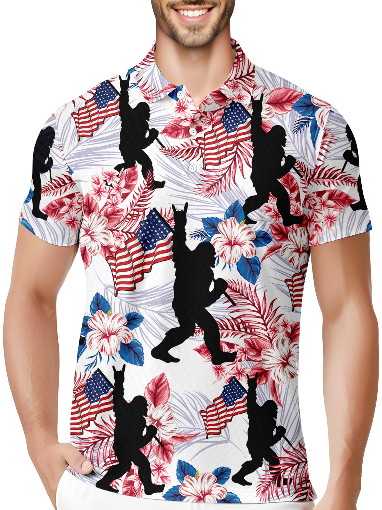 HIVICHI Funny Mens Golf Shirt Bigfoot Sasquatch Hawaiian Graphic Moisture Wicking Polo Shirts, X-Large, Aop-polo-81899