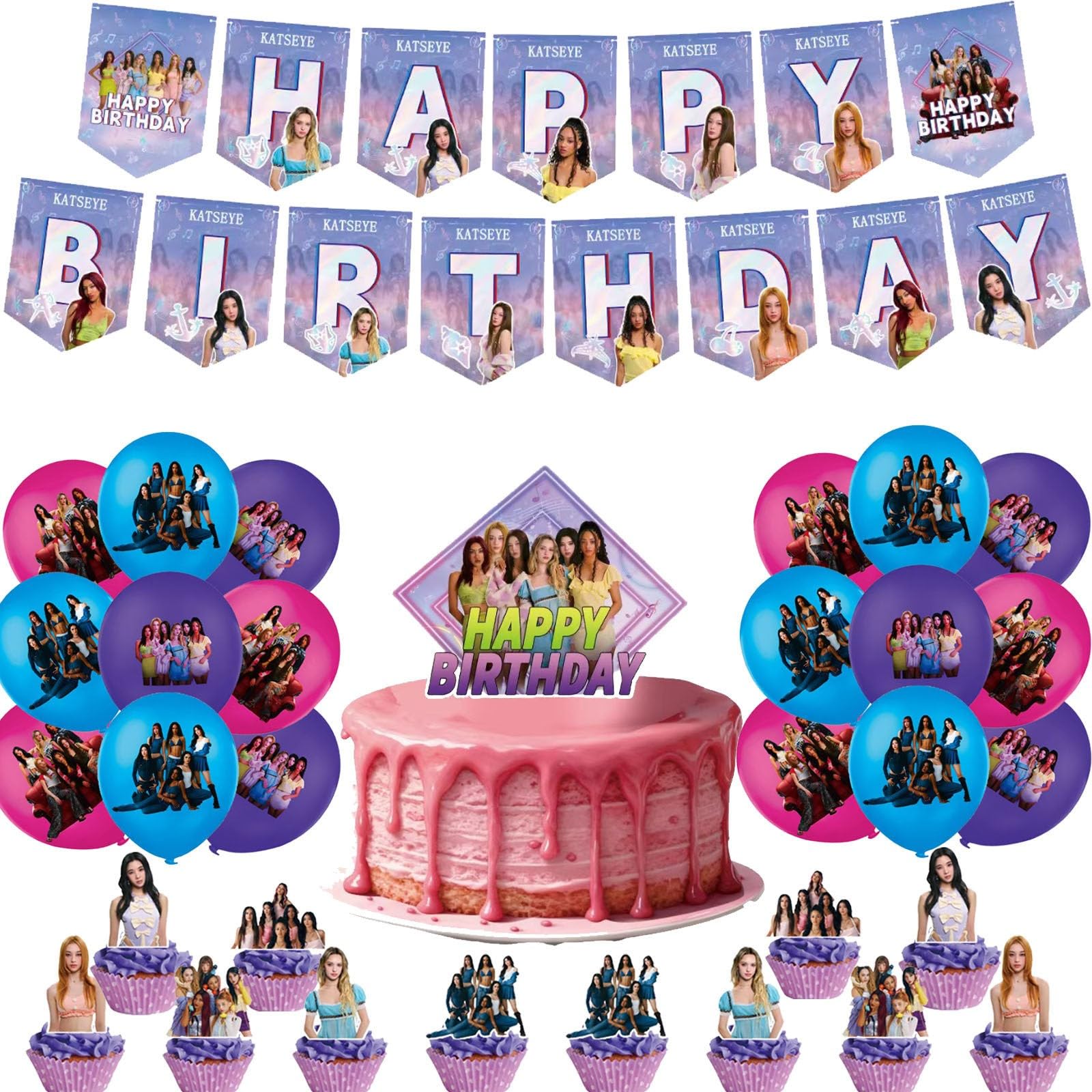 58Pcs Birthday Party Decorations Set for Girl Group KATS_EYE Music Idol Supplies Include Balloons, Banner, Cake Topper & Cupcake Toppers for Fans Lover Girls Boy