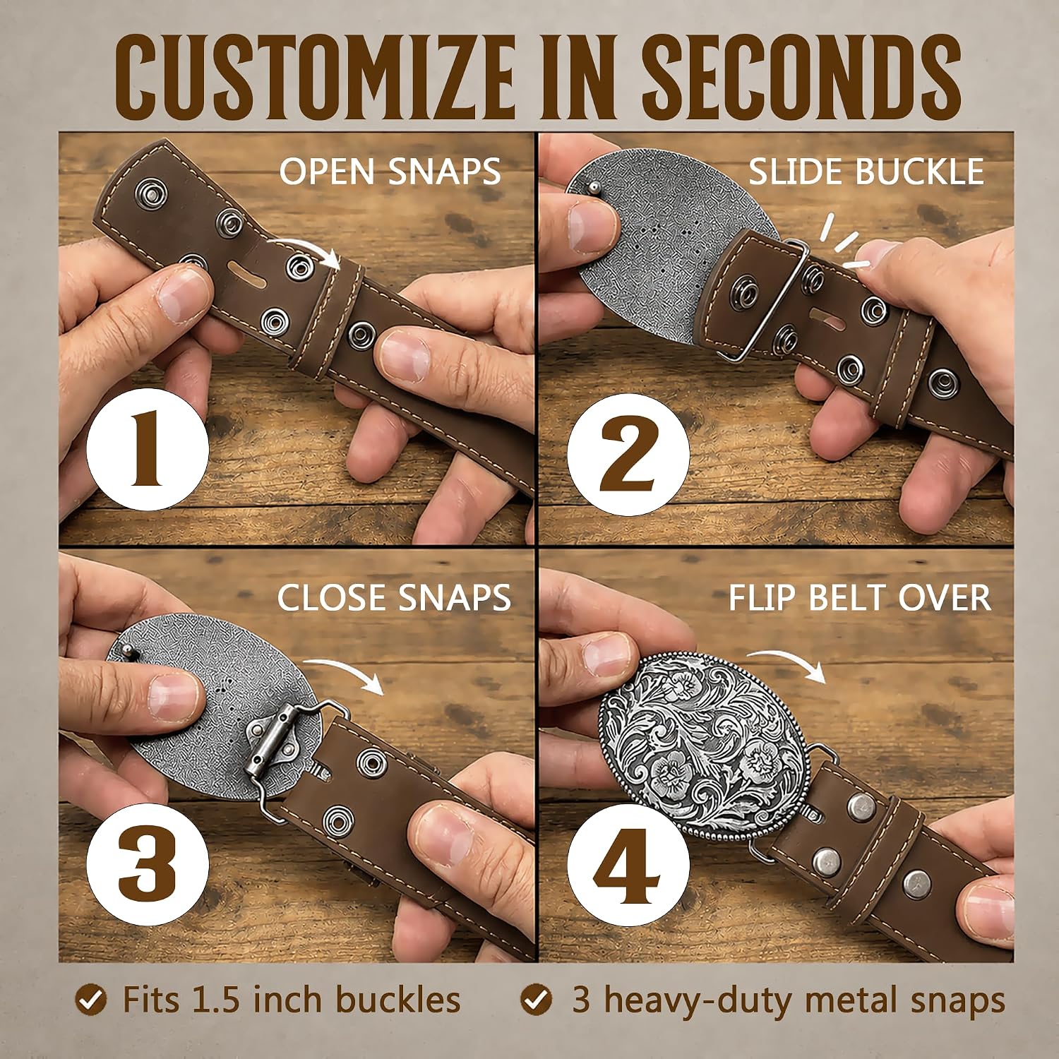BC Belts Leather Belt Strap with Vintage Distressed Texture 1.5" Wide with Snaps and without Buckle