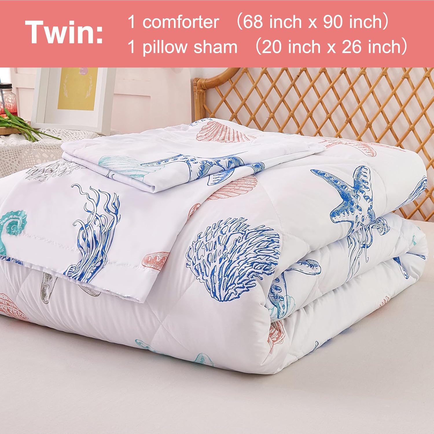 JSD Beach Theme Kids Comforter Set Twin Size, Jellyfish Starfish Shell Printed Comforter with Pillow Sham, Lightweight All Season Washable