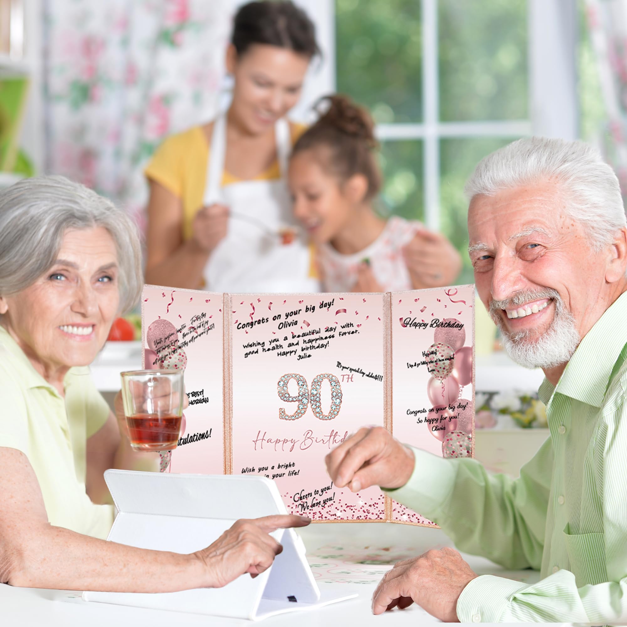 DARUNAXY Decoraciones de fiesta de cumpleaños 90 de oro rosa, libro de invitados alternativo de feliz 90 cumpleaños para mujeres, regalos de felicitación rosa a 90 años, suministros de fiesta